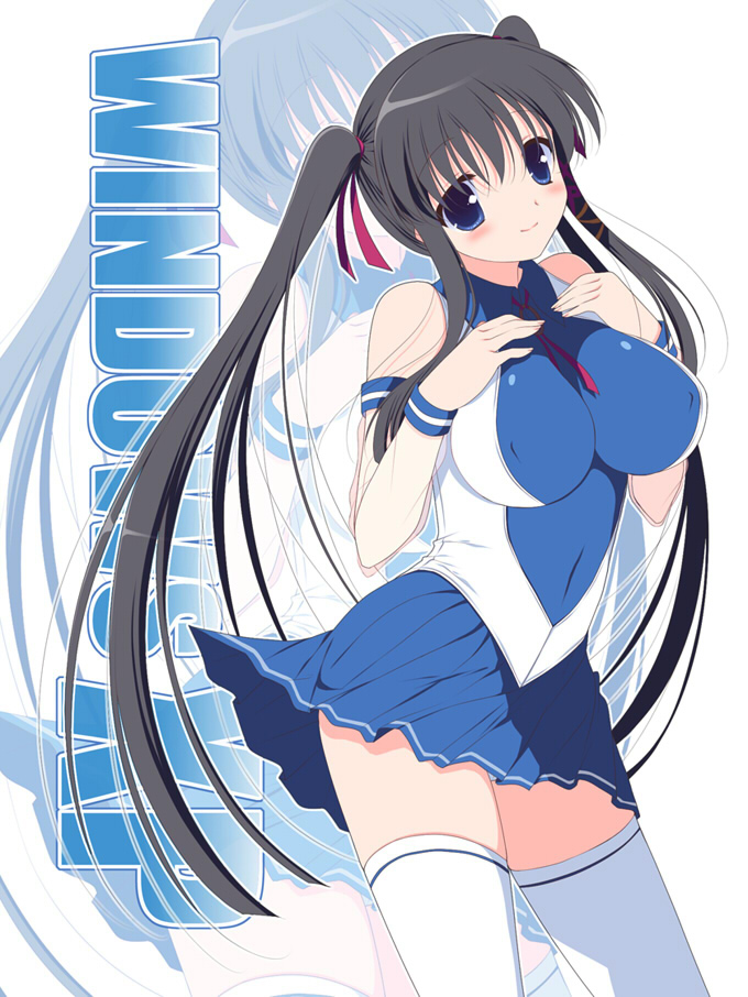 sumii, xp-tan, microsoft windows, os-tan, windows xp, bad id, bad pixiv id, 1girl, black hair, blue eyes, blue skirt, blush, breasts, female focus, large breasts, personification, ribbon, skirt, solo, thighhighs, twintails