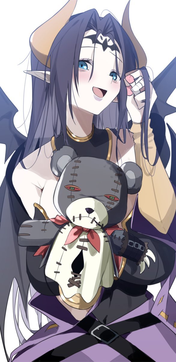yongen yu, lilithmon, warumonzaemon, digimon, highres, 1girl, bags under eyes, bare shoulders, black hair, blue eyes, blush, breasts, character doll, cleavage, demon girl, demon horns, demon wings, digimon (creature), doll, eyeshadow, facial mark, forehead mark, hair ornament, holding, horns, large breasts, long hair, looking at viewer, makeup, pointy ears, purple eyeshadow, purple lips, simple background, smile, solo, very long hair, wings