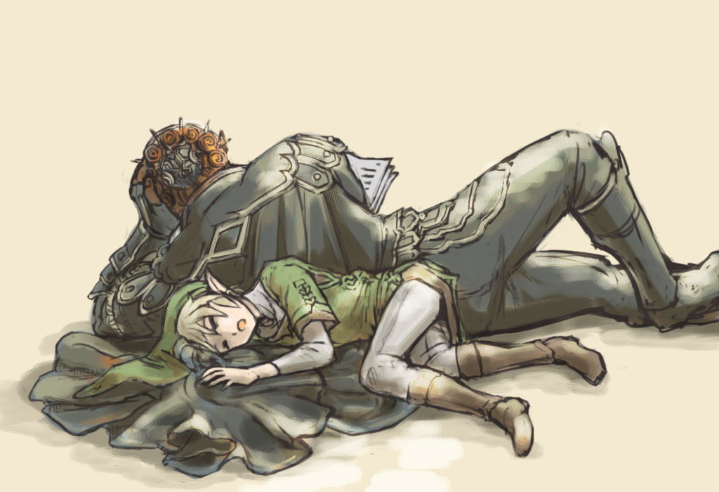 hakobe (ichiru), ganondorf, link, nintendo, the legend of zelda, the legend of zelda: twilight princess, 2boys, armor, blonde hair, cape, hat, male focus, multiple boys, pointy ears, pteruges, reading, red hair, sleeping