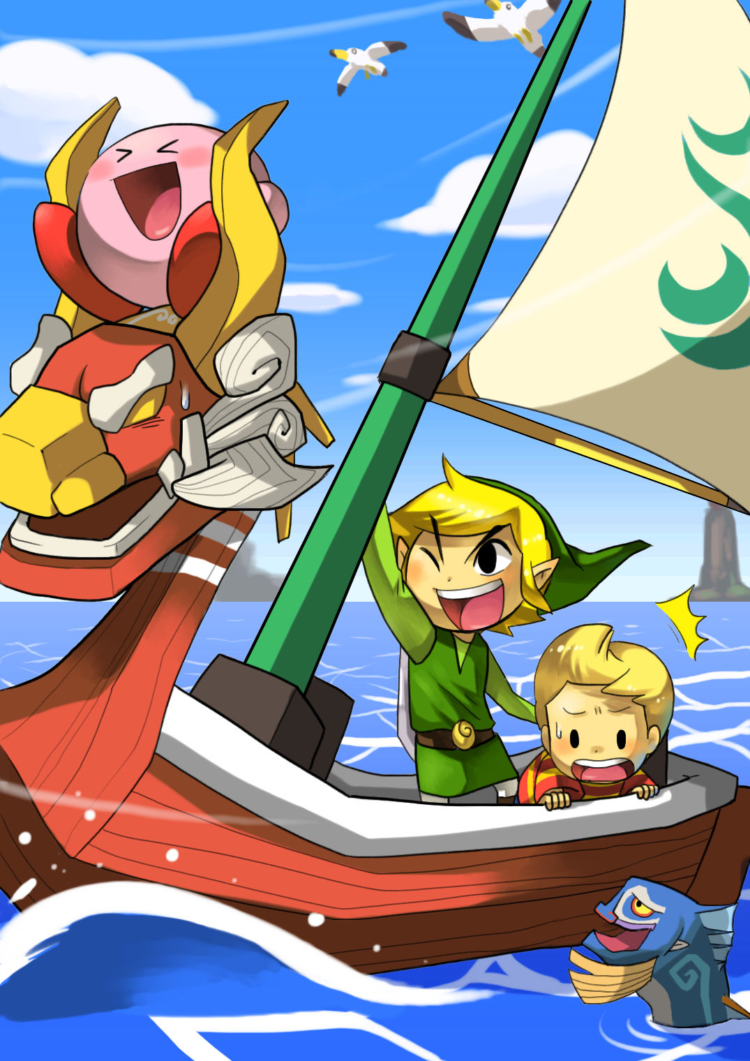 kirby, link, lucas (mother 3), the king of red lions, toon link, kirby (series), mother (series), mother 3, nintendo, super smash bros., the legend of zelda, the legend of zelda: the wind waker, highres, > <, 2boys, blonde hair, boat, closed eyes, fish, hat, male focus, multiple boys, ocean, one eye closed, pointy ears, quiff, shield, shield on back, smile, watercraft, wink