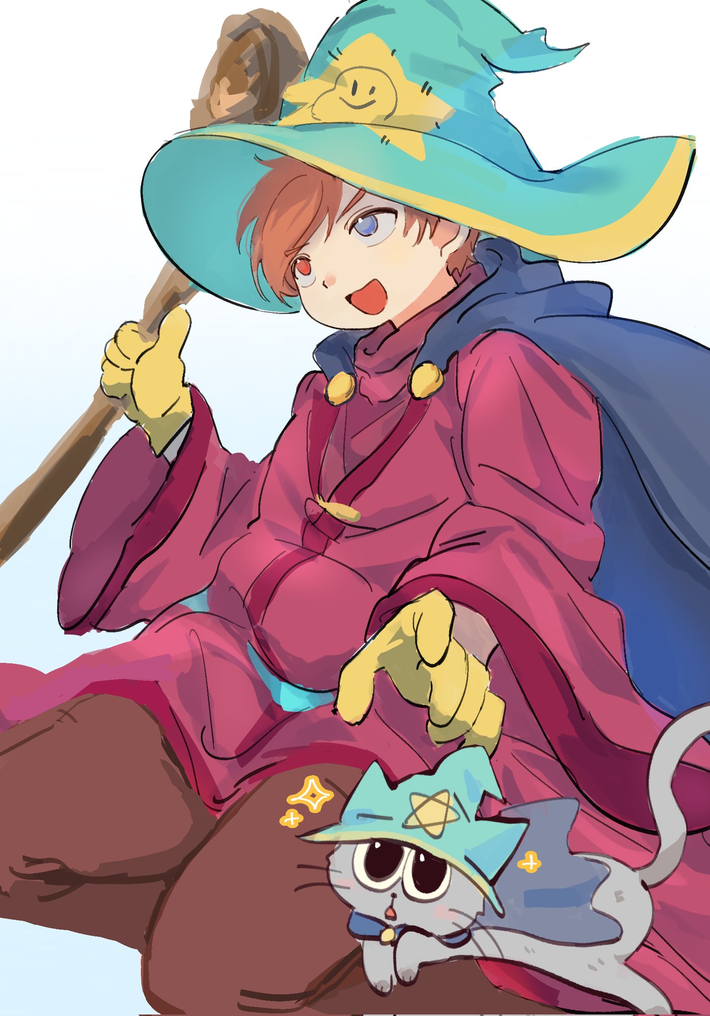 eric cartman, south park, commentary, hashtag-only commentary, highres, 1boy, animal, blue cape, blue eyes, blue hat, brown eyes, brown pants, cape, cat, clothed animal, fat, gloves, gradient background, grey cat, grey fur, hands up, hat, heterochromia, holding, holding staff, lovelovejusu, male focus, mr. kitty (south park), official alternate costume, open mouth, pants, red robe, robe, smile, solo focus, sparkle, staff, upper body, wide sleeves, wizard, wizard hat, yellow gloves