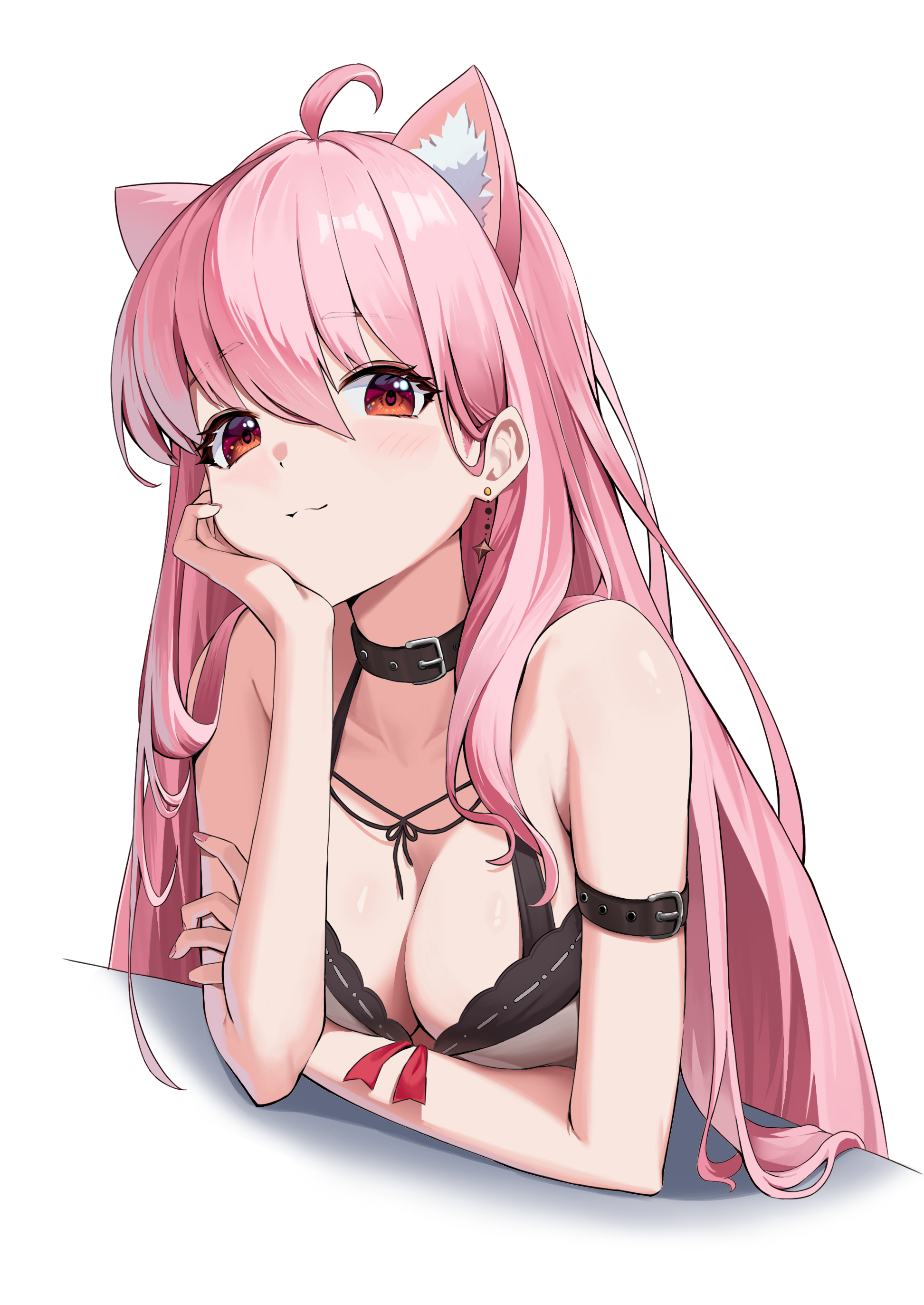 yeongae1211, absurdres, character request, commentary, commentary request, copyright request, english commentary, highres, korean commentary, mixed-language commentary, 1girl, ahoge, animal ear fluff, animal ears, arm strap, black collar, bra, breasts, buckle, cat ears, cleavage, closed mouth, collar, earrings, elbow rest, grey bra, hair between eyes, hand on own cheek, hand on own face, hand rest, heart, heart-shaped pupils, jewelry, large breasts, long bangs, long hair, no shirt, pink hair, red eyes, simple background, solo, symbol-shaped pupils, underwear, upper body, white background
