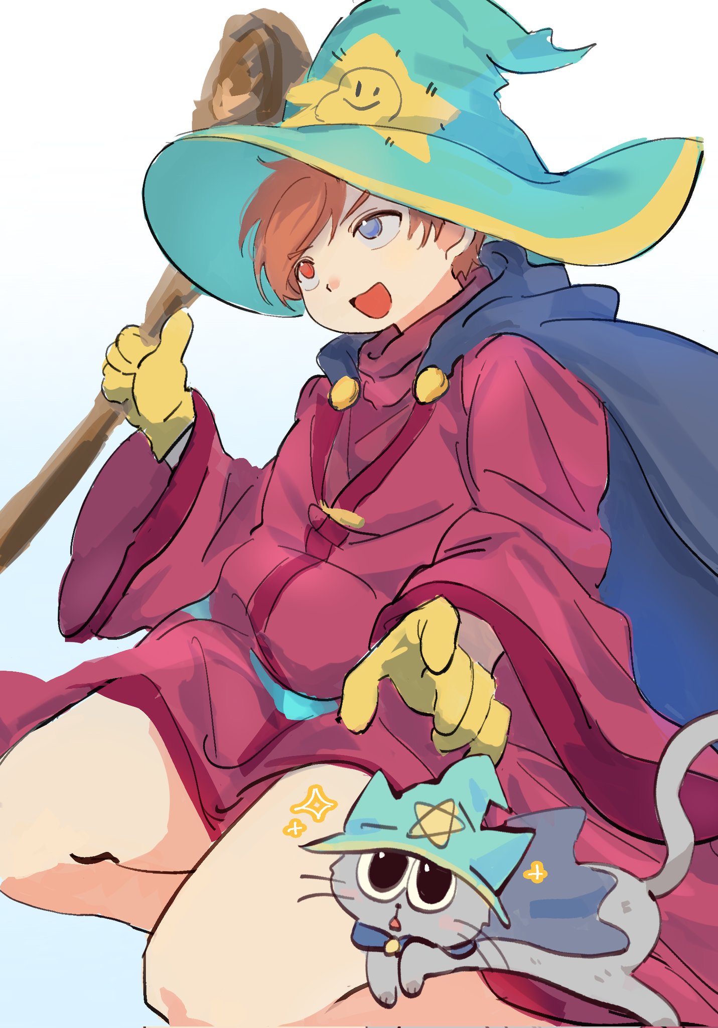 eric cartman, south park, commentary, hashtag-only commentary, highres, 1boy, animal, blue cape, blue eyes, blue hat, brown eyes, cape, cat, clothed animal, fat, gloves, gradient background, grey cat, grey fur, hands up, hat, heterochromia, holding, holding staff, lovelovejusu, male focus, mr. kitty (south park), no pants, official alternate costume, open mouth, red robe, robe, smile, solo focus, sparkle, staff, upper body, wide sleeves, wizard, wizard hat, yellow gloves