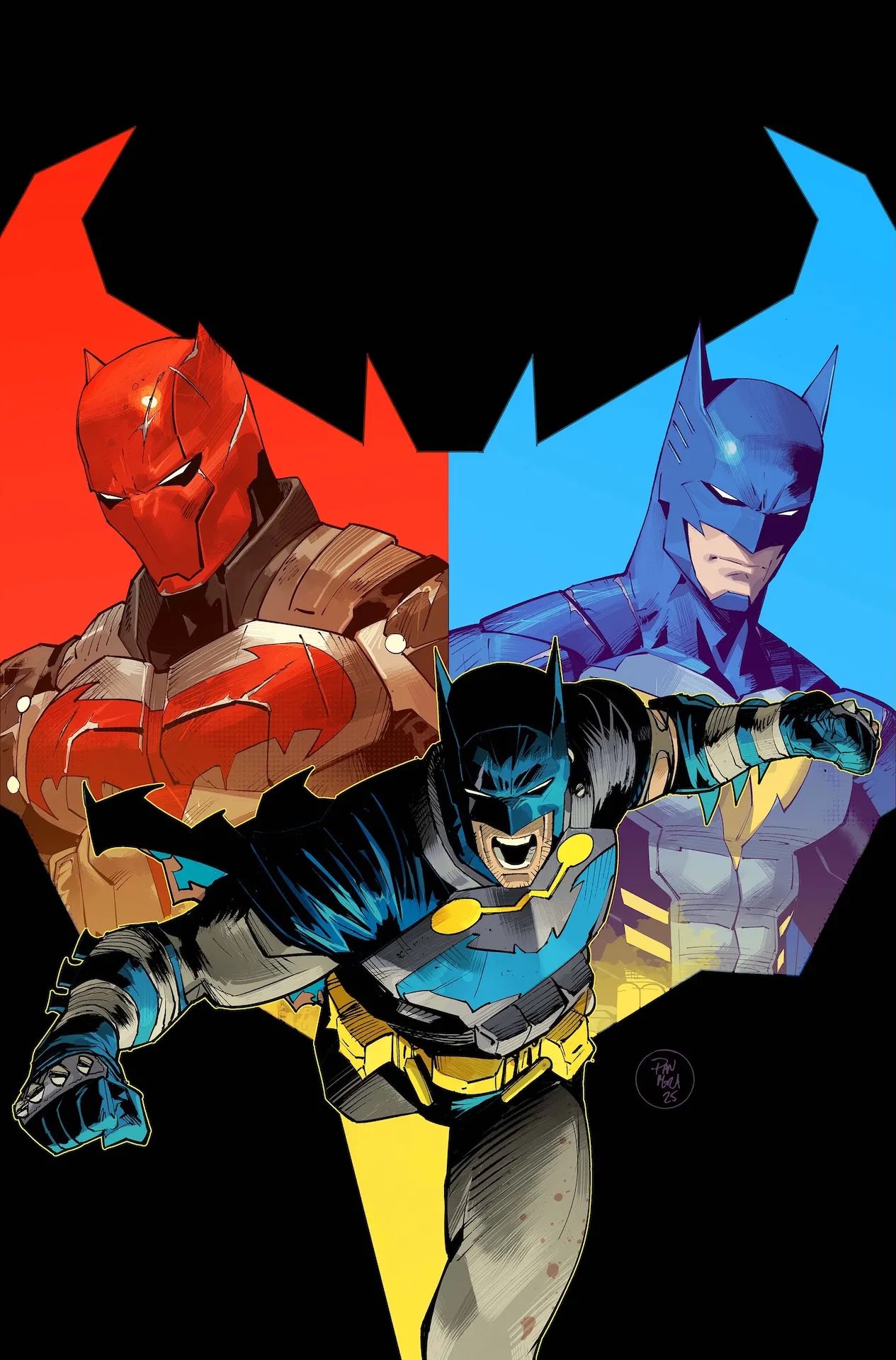 dan mora, batman, bruce wayne, jason todd, red hood (dc), tim drake, batman (series), dc comics, comic cover, highres, armor, bat signal, batman symbol, belt, blue mask, bodysuit, cape, clenched hands, cover image, cowl, gloves, mask, multicolored bodysuit, multiple boys, superhero costume, two-tone bodysuit, western comics (style)