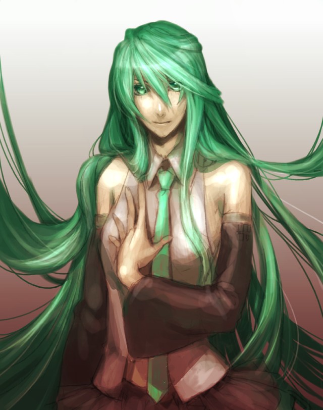 yamada rokkaku, yurai, hatsune miku, vocaloid, bad id, bad pixiv id, alternate hairstyle, detached sleeves, green eyes, green hair, long hair, necktie, solo, very long hair
