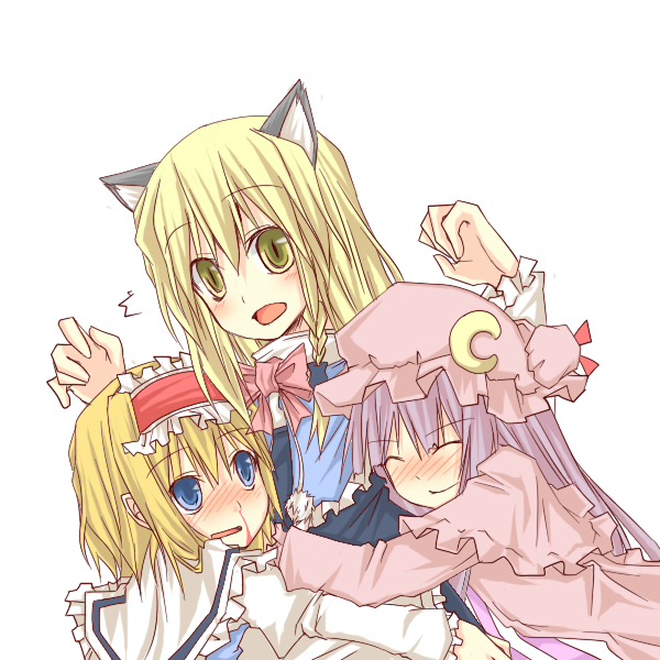natsuk, alice margatroid, kirisame marisa, patchouli knowledge, touhou, 3girls, animal ears, blonde hair, blood, blue eyes, blush, bow, braid, cat ears, cat girl, female focus, green eyes, hair ribbon, hairband, hat, hug, multiple girls, nosebleed, pink bow, purple hair, ribbon