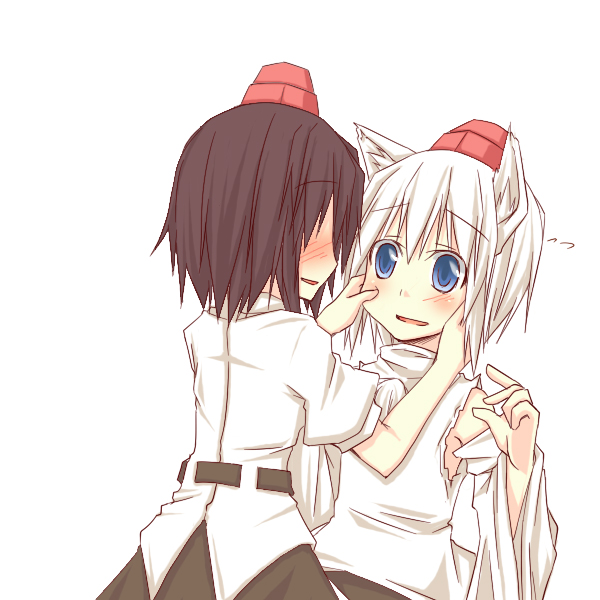 natsuk, inubashiri momiji, shameimaru aya, touhou, 2girls, animal ears, black hair, blue eyes, blush, cheek pinching, detached sleeves, female focus, hat, multiple girls, pinching, simple background, standing, tokin hat, white background, white hair, wolf ears