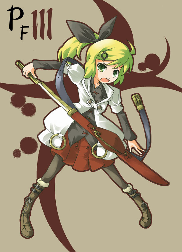 ara ta, harada (sansei rain), original, pixiv fantasia, pixiv fantasia 3, bad id, bad pixiv id, 1girl, female focus, green eyes, green hair, hair ribbon, matching hair/eyes, pantyhose, ponytail, ribbon, sheath, solo, sword, unsheathing, weapon