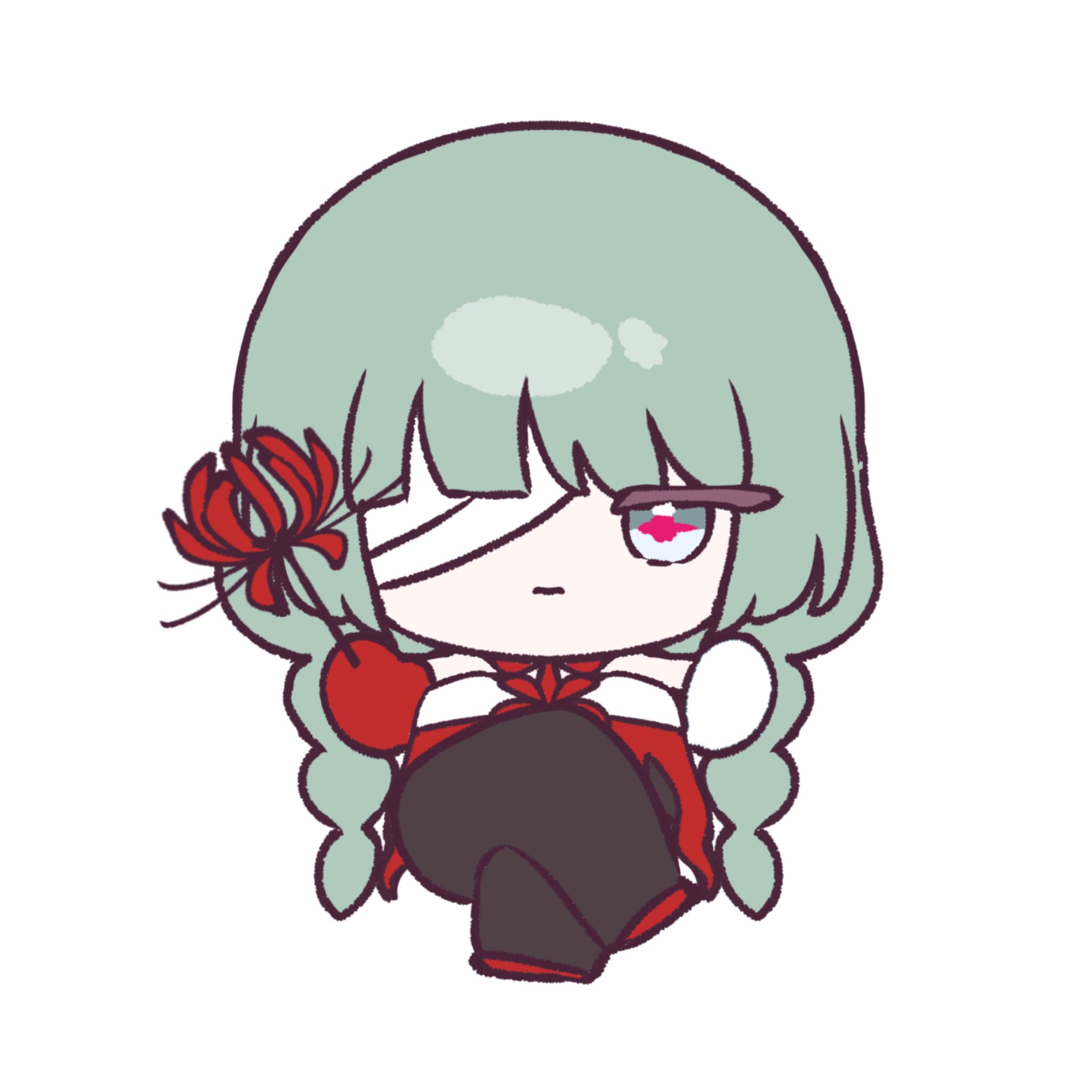 mikurumikurumi, phrolova (wuthering waves), wuthering waves, highres, 1girl, bandage over one eye, bandaged arm, bandages, blood, bloody tears, braid, chibi, closed mouth, detached sleeves, dress, flower, halter dress, halterneck, holding, holding flower, long hair, loose bandages, low twin braids, red dress, red flower, red petals, red pupils, single detached sleeve, spider lily, twin braids