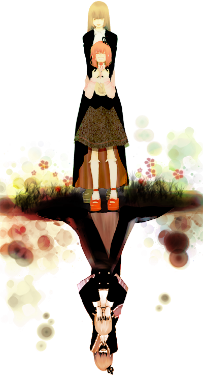 chuna, ushiromiya maria, ushiromiya rosa, umineko no naku koro ni, 00s, 2girls, different reflection, hime cut, multiple girls, reflection, smile, tears, water