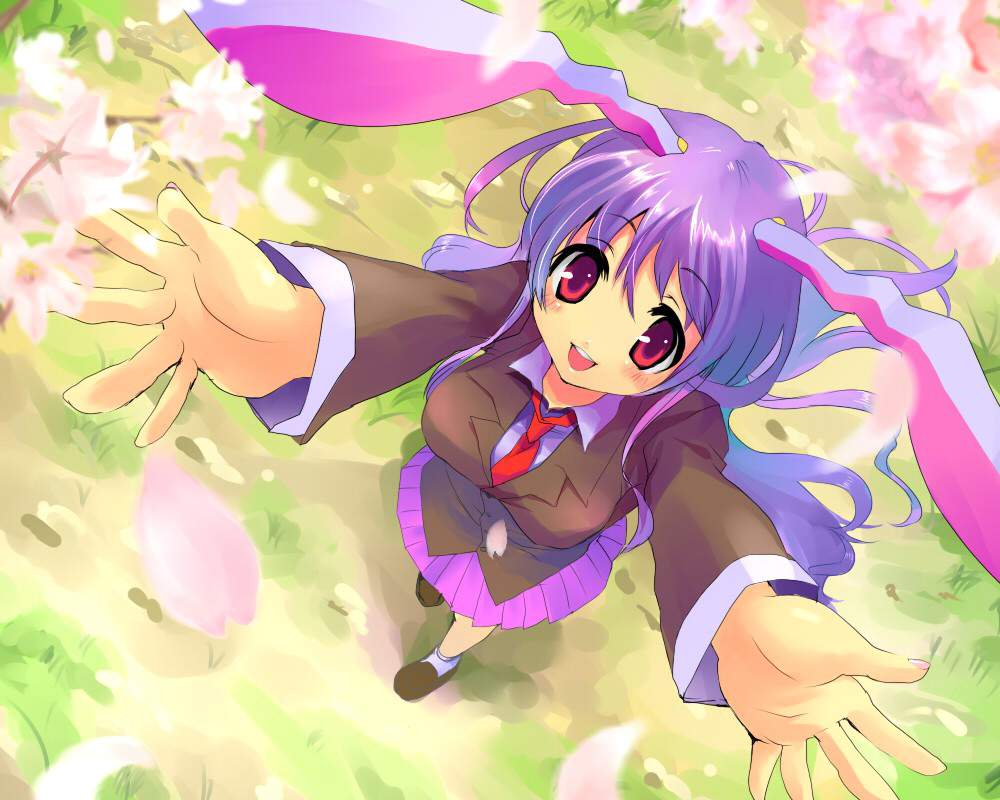 kobanzame, reisen udongein inaba, touhou, bad id, bad pixiv id, 1girl, animal ears, blazer, blush, breasts, female focus, flower, happy, jacket, large breasts, necktie, pleated skirt, purple hair, rabbit ears, red eyes, red necktie, skirt, smile, solo