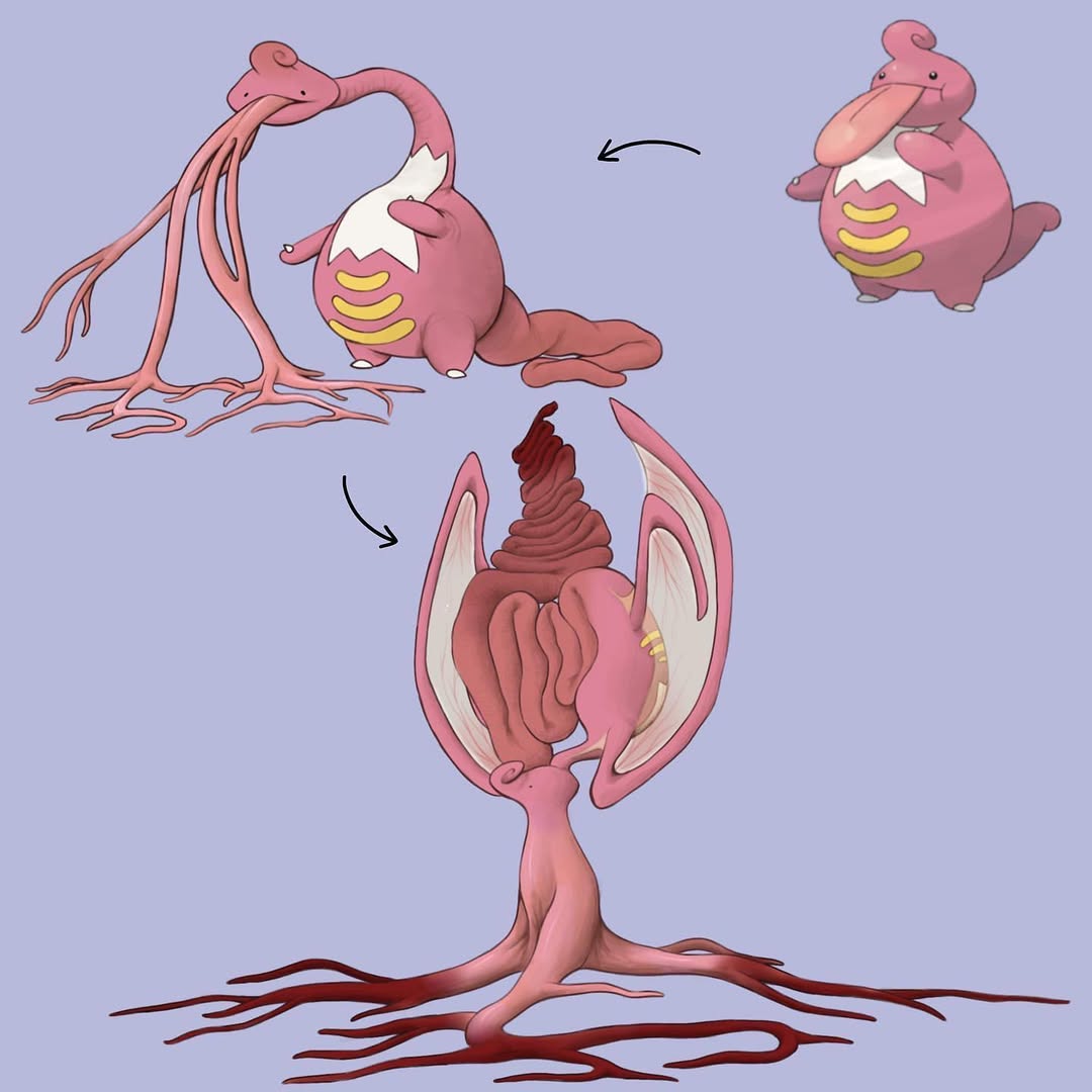 lickilicky, nintendo, pokemon, pokemon dppt, commentary, english commentary, arrow (symbol), blue background, body horror, bub.bleazk, chart, colored skin, english text, evolution, evolutionary line, fakemon, full body, gen 4 pokemon, gradient tail, gradient tentacles, grey background, horror (theme), long neck, long tail, long tongue, monster, multiple tongues, multiple views, neck, no humans, pink skin, pokemon (creature), pokemon focus, simple background, tail, tentacle tongue, tentacles, tongue, very long tongue, wings