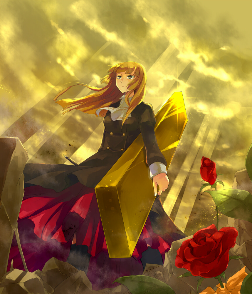kinkirara, queen qko, ushiromiya rosa, umineko no naku koro ni, 00s, 1girl, blonde hair, female focus, flower, gold, hime cut, rose, skirt, solo, standing