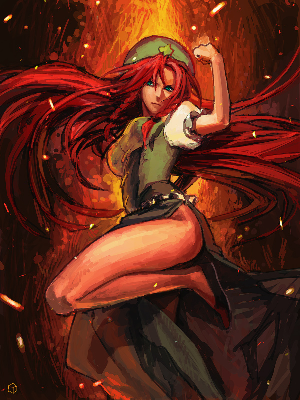 yamada rokkaku, yurai, hong meiling, immaterial and missing power, touhou, 1girl, braid, breasts, china dress, chinese clothes, dress, female focus, gradient background, green eyes, hat, long hair, red hair, solo