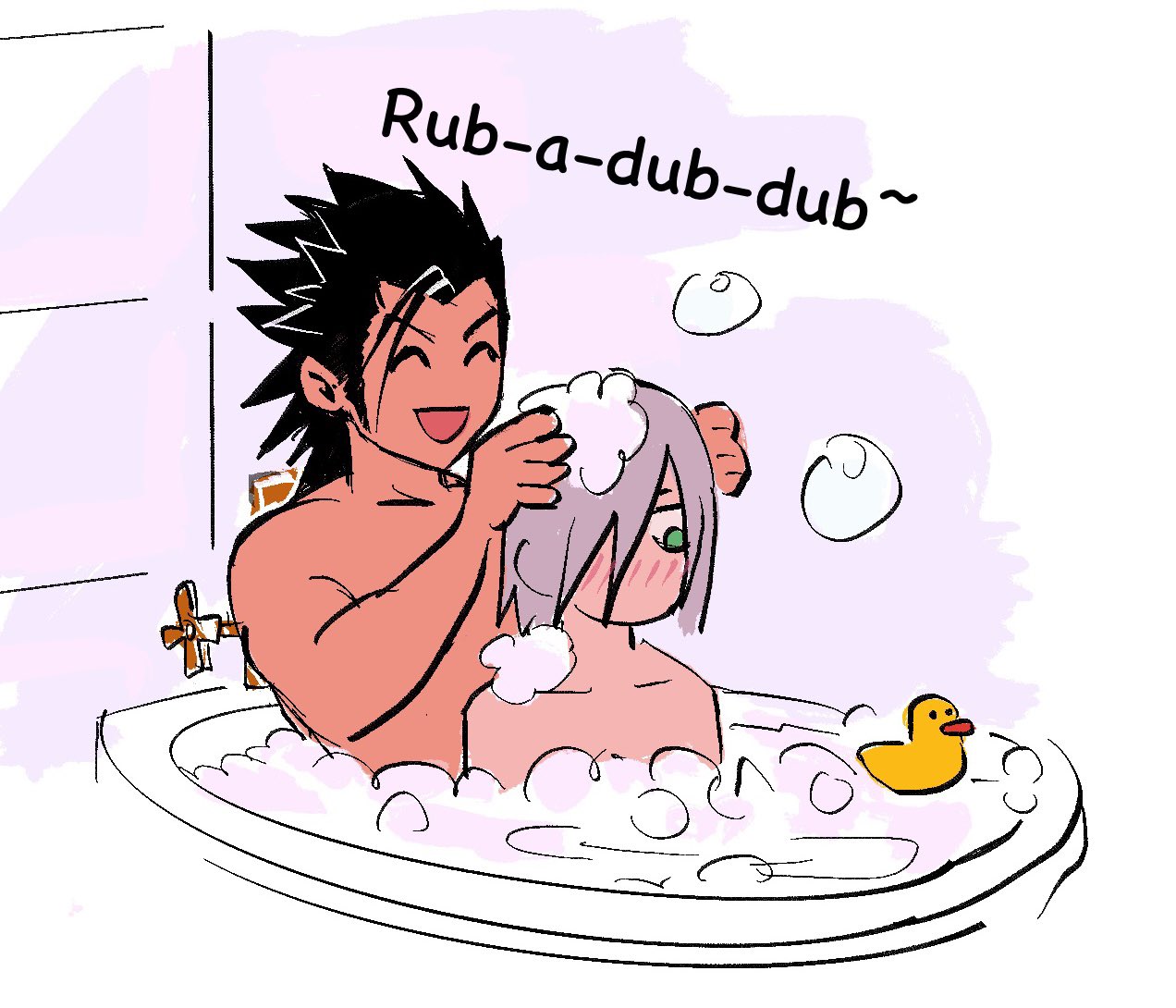 cornbaijin18605, kadaj, zack fair, final fantasy, final fantasy vii, final fantasy vii advent children, commentary, english commentary, 2boys, bath, black hair, blush, bubble, bubble bath, closed eyes, day, english text, faucet, flat color, green eyes, grey hair, hair over one eye, hands up, happy, in bathtub, indoors, looking down, male focus, medium hair, multiple boys, open mouth, pink background, rubber duck, sketch, smile, spiked hair, tile wall, tiles, toned, toned male, upper body, washing hair, yaoi