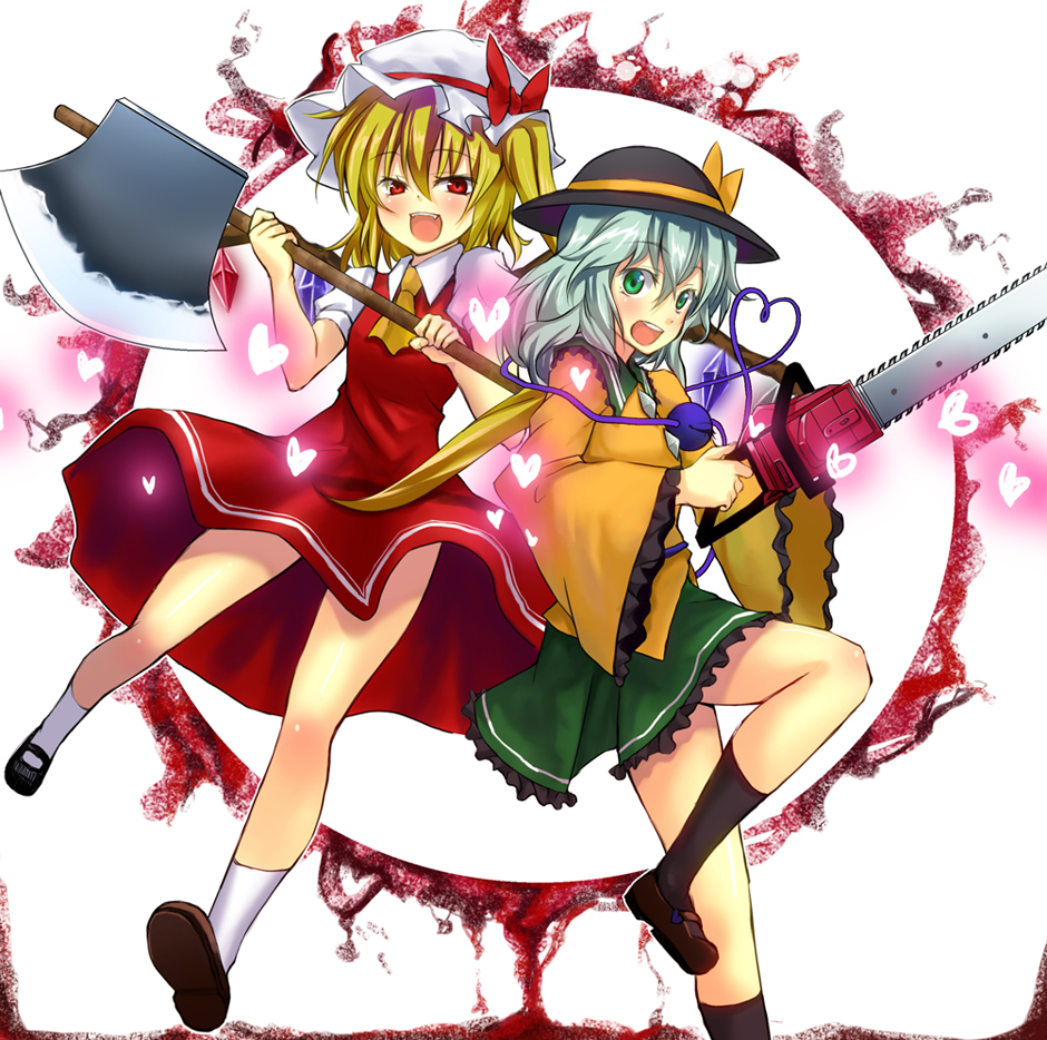 tsujigiri, flandre scarlet, komeiji koishi, touhou, 2girls, axe, blonde hair, chainsaw, dress, female focus, green eyes, hat, heart, multiple girls, red eyes, ribbon, short hair, weapon, yandere