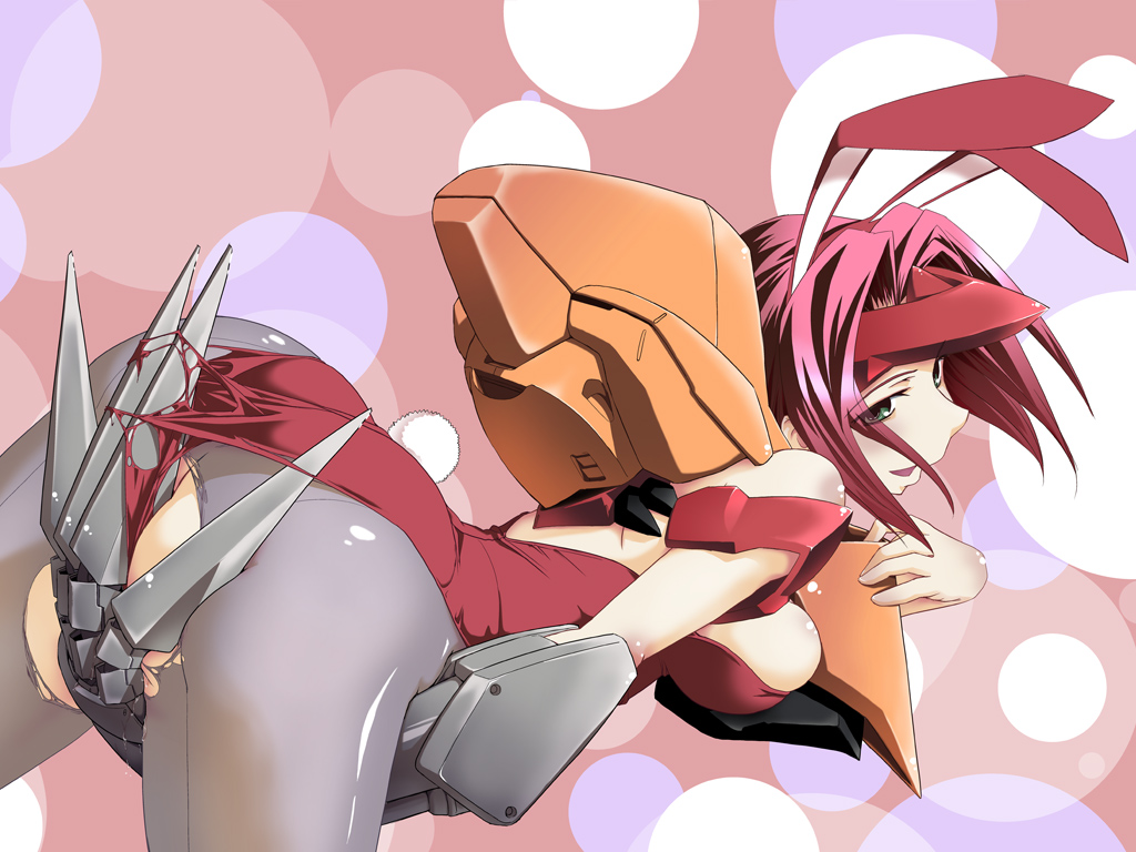 ikuya, ikuya daikokudou, guren (code geass), guren mk-ii, kouzuki kallen, code geass, 1girl, animal ears, ass, breasts, claws, cosplay, fake animal ears, female focus, guren (code geass) (cosplay), mecha musume, pantyhose, playboy bunny, rabbit ears, red hair, short hair, sideboob, solo, tearing clothes, torn clothes, torn pantyhose