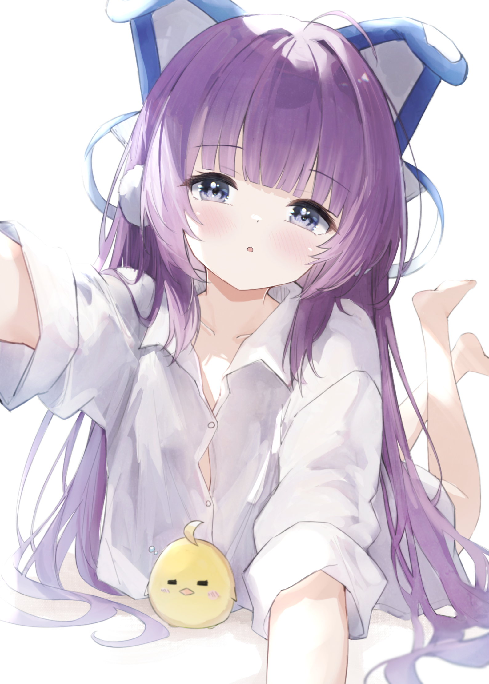 phos phos, manjuu (azur lane), tashkent (azur lane), tashkent (the blue snoozer) (azur lane), azur lane, commentary request, commission, highres, skeb commission, 1girl, :o, ahoge, animal ears, baby animal, bare legs, barefoot, bird, blue eyes, blush, chick, closed eyes, collarbone, collared shirt, crossed ankles, dress shirt, fake animal ears, feet, feet up, hair ornament, hair spread out, legs, legs up, long hair, long sleeves, looking at viewer, lying, naked shirt, official alternate costume, on stomach, open mouth, parted lips, purple hair, reaching, reaching towards viewer, shirt, simple background, soles, the pose, toes, very long hair, white background, white shirt