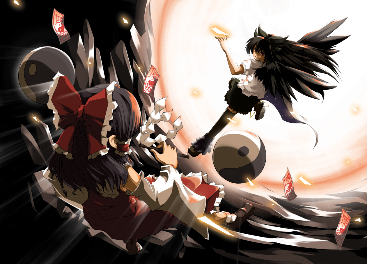 jinkou no kuma, kumata, hakurei reimu, reiuji utsuho, touhou, 2girls, battle, black hair, black wings, bow, detached sleeves, female focus, gohei, hair bow, japanese clothes, long hair, miko, multiple girls, oonusa, red eyes, wings, yin yang