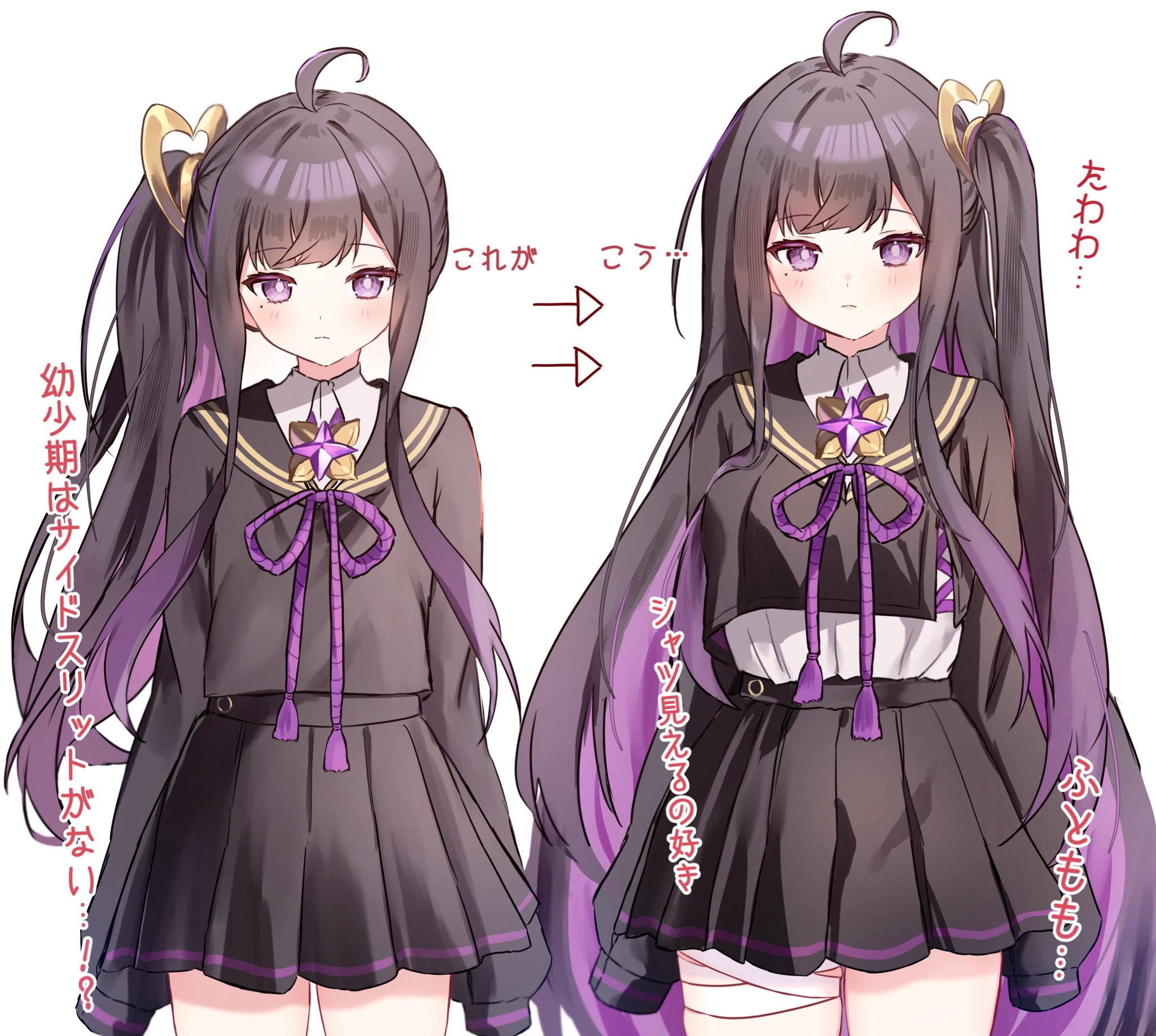 natukisigure, chitose (stella sora), stella sora, highres, 2girls, age comparison, ahoge, bandage on leg, bandage on thigh, black hair, black sailor collar, black serafuku, black shirt, black skirt, breasts, colored inner hair, layered shirt, long hair, miniskirt, mole, mole under eye, multicolored hair, multiple girls, one side up, pleated skirt, purple eyes, purple hair, sailor collar, school uniform, serafuku, shirt, side ponytail, skirt, very long hair, white background, white shirt