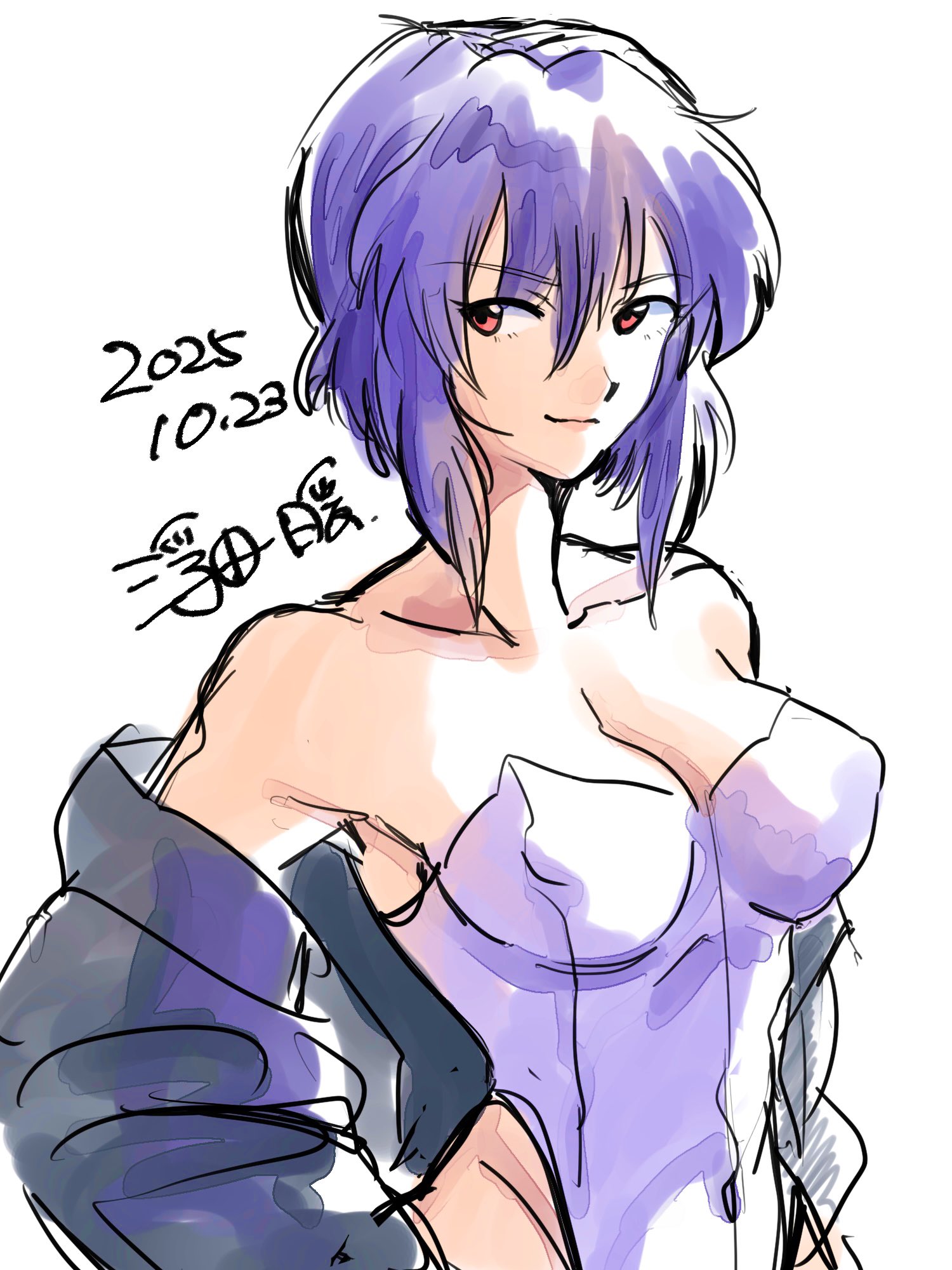 kusanagi motoko, ghost in the shell, ghost in the shell: stand alone complex, artist request, 1girl, 2025, breasts, cropped legs, curvy, dated, jacket, leotard, leotard under clothes, looking at viewer, medium breasts, open clothes, open jacket, purple eyes, purple hair, revealing clothes, shiny skin, short hair, smile, strapless, strapless leotard, thighhighs, thong leotard, white background, white leotard, wide hips