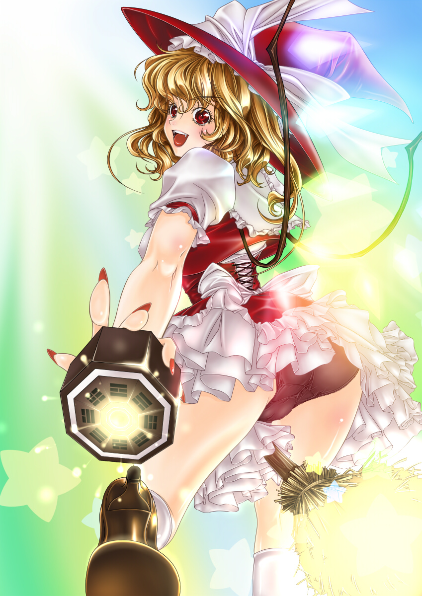 aya.m, flandre scarlet, kirisame marisa, embodiment of scarlet devil, touhou, highres, 1girl, blonde hair, broom, cosplay, fangs, female focus, flandre scarlet (cosplay), hat, kirisame marisa (cosplay), mini-hakkero, panties, pantyshot, red eyes, short hair, solo, underwear, wings, witch hat