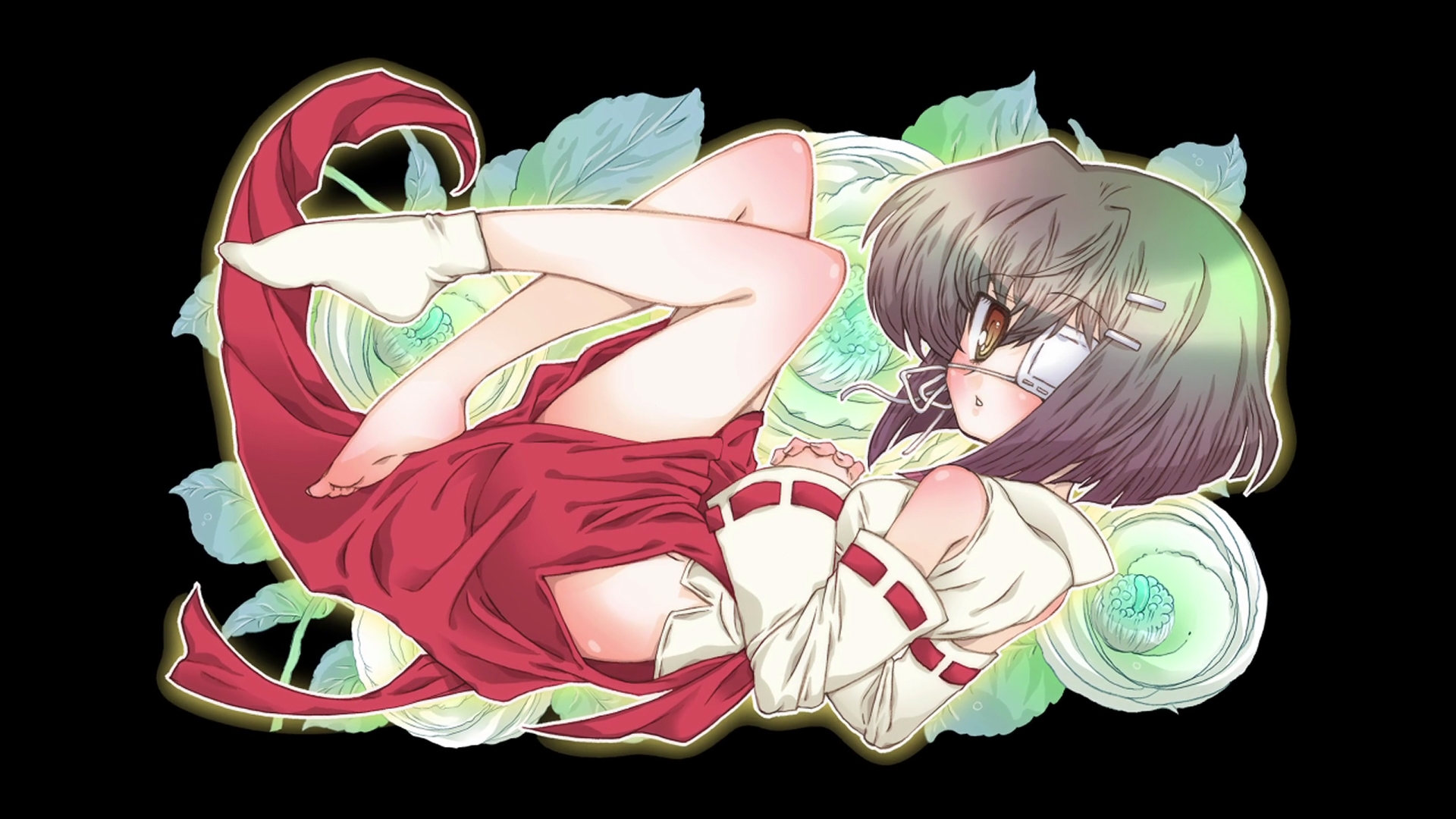 shindou chihiro, ef (visual novel), highres, 00s, barefoot, eyepatch, feet, fetal position, plantar flexion, single sock, socks, solo, tabi