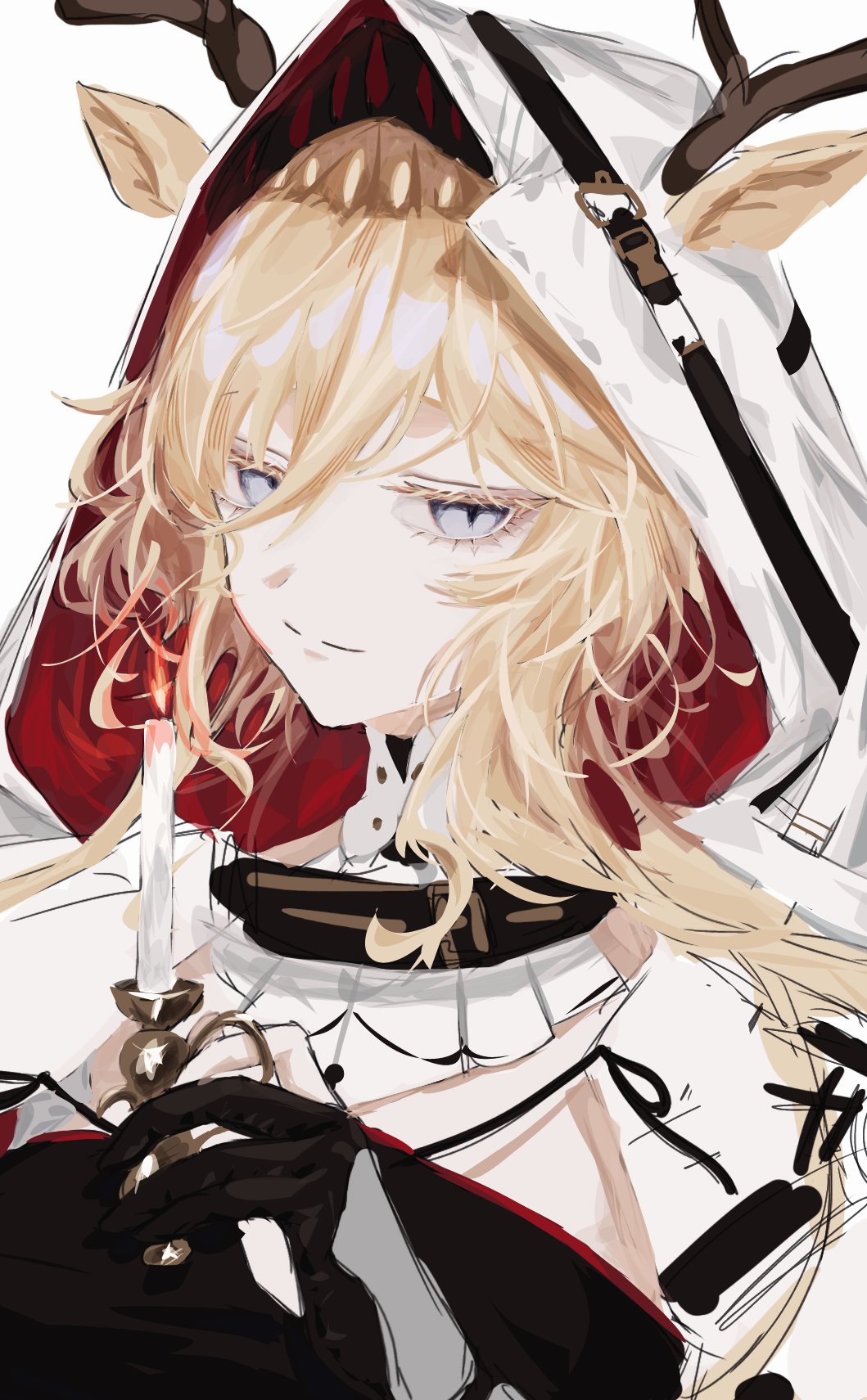 nate71762013, viviana (arknights), arknights, commentary, highres, 1girl, animal ears, antlers, black gloves, blonde hair, blue eyes, candle, candlestand, cape, deer antlers, deer ears, ears through headwear, fire, gloves, hair between eyes, half-closed eyes, holding candlestand, hood, hood up, hooded cape, horns, horns through headwear, jitome, looking at viewer, partially fingerless gloves, sideways glance, simple background, slit pupils, smile, solo, upper body, white background, white cape