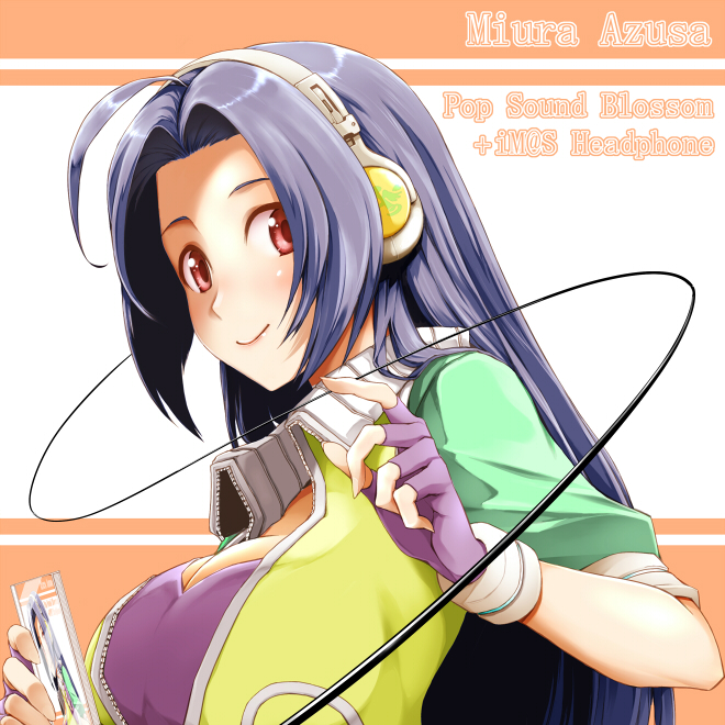 maskman, miura azusa, idolmaster, idolmaster (classic), pop sound blossom, bad id, bad pixiv id, 00s, 1girl, blue hair, breasts, female focus, fingerless gloves, gloves, headphones, long hair, red eyes, solo