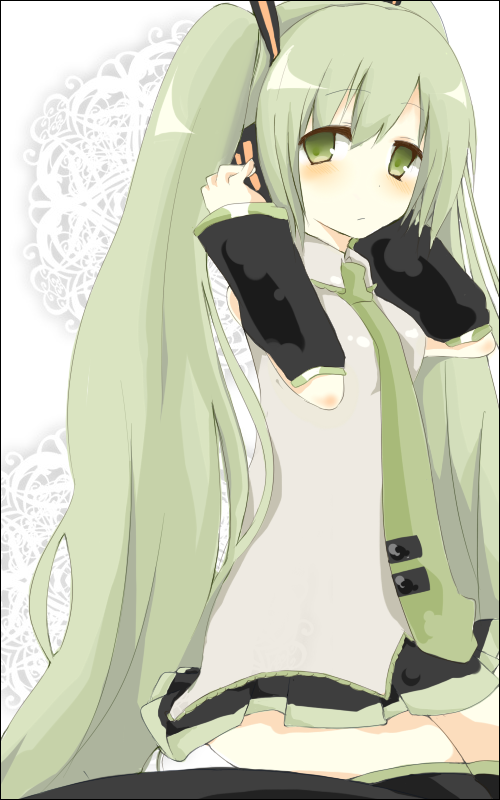 mono (recall), hatsune miku, vocaloid, bad id, bad pixiv id, 1girl, black boots, black border, black skirt, blush, boots, border, closed mouth, collared shirt, detached sleeves, female focus, frown, green eyes, green hair, grey shirt, hair ornament, hands on headphones, headphones, lace background, long hair, looking at viewer, matching hair/eyes, miniskirt, necktie, pleated skirt, shirt, sitting, skirt, solo, thigh boots, thighhighs, twintails