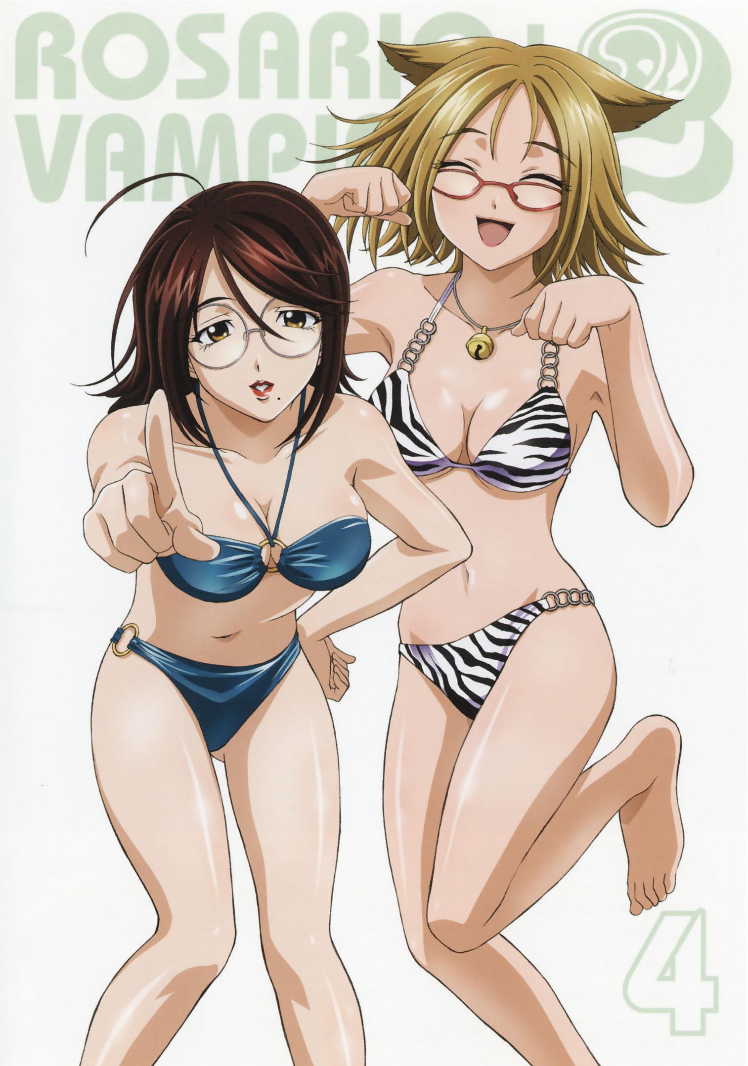 kagome ririko, nekonome shizuka, ririko sensei, rosario+vampire, highres, 00s, 2girls, ahoge, animal ears, barefoot, bell, bikini, blonde hair, breasts, brown eyes, brown hair, cat ears, cleavage, closed eyes, cover, dvd cover, glasses, hand on own hip, jewelry, large breasts, miniskirt, mole, mole under mouth, multiple girls, necklace, o-ring, o-ring bikini, o-ring bottom, o-ring top, open mouth, paw pose, pointing, red-framed eyewear, short hair, skirt, swimsuit, teacher, thighhighs, yellow eyes