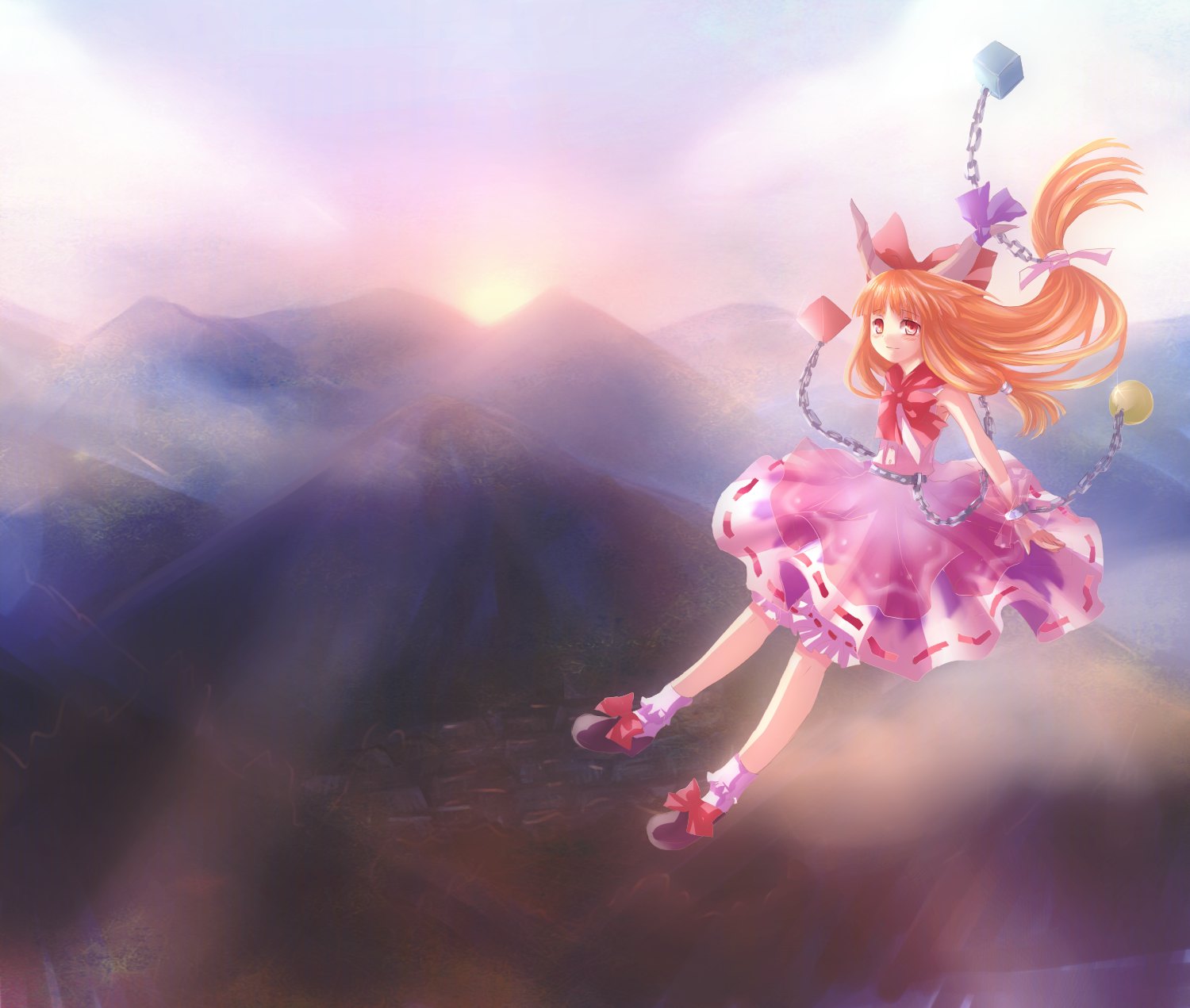 neme, ibuki suika, touhou, light, bad id, bad pixiv id, highres, 1girl, cloud, female focus, flying, full body, mountain, outdoors, sky, solo, sun