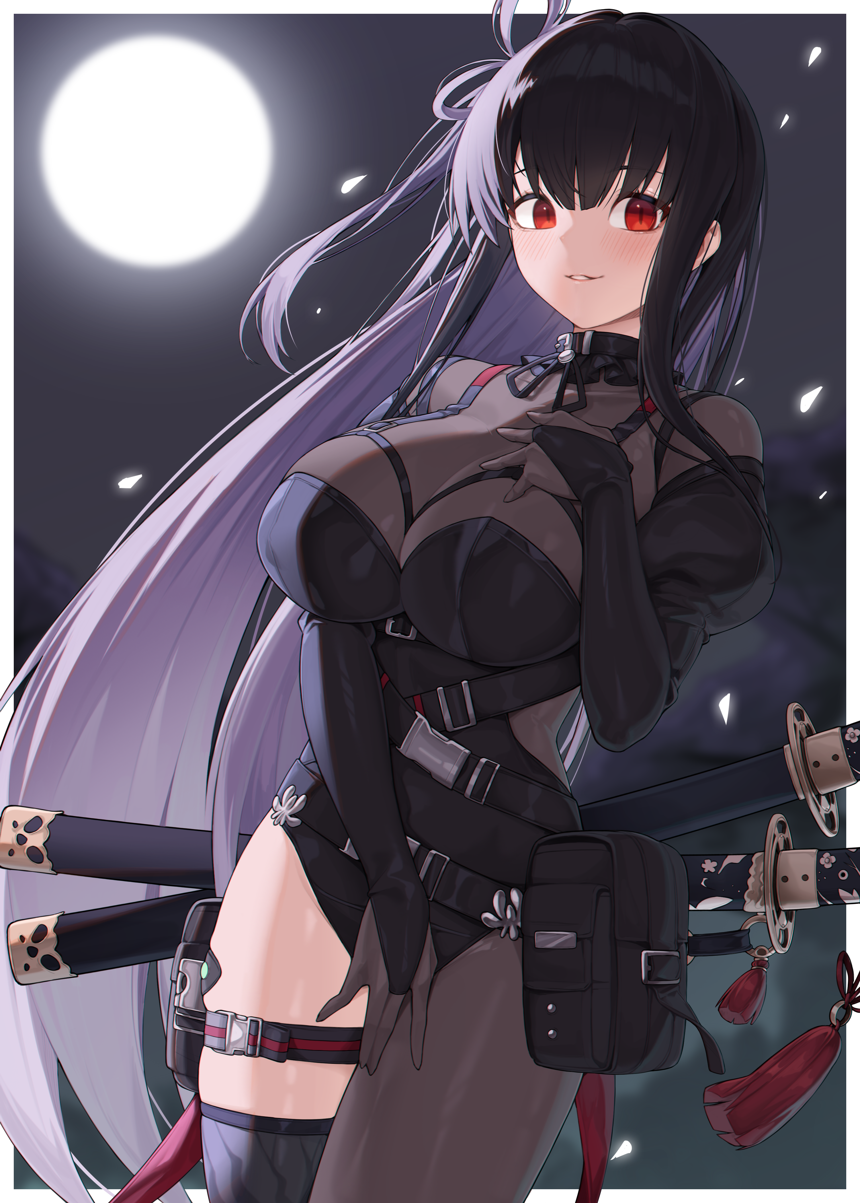 rice ghost, chaos zero nightmare, black bodystocking, absurdres, commentary, highres, 1girl, asymmetrical legwear, belt, belt collar, belt pouch, black belt, black bridal gauntlets, black hair, blush, bodystocking, border, breasts, bridal gauntlets, buckle, chest harness, cleavage, collar, colored inner hair, covered collarbone, detached sleeves, falling petals, floating hair, full moon, hand on own chest, hand on own thigh, hand up, harness, katana, large breasts, leotard, long hair, looking at viewer, mismatched legwear, moon, moonlight, multicolored hair, night, night sky, parted lips, petals, pouch, red eyes, rin (chaos zero nightmare), scabbard, see-through cleavage, see-through clothes, sheath, sidelocks, single hiphigh, single thighhigh, sky, slit pupils, snap-fit buckle, solo, strap, sword, sword on back, tassel, thigh pouch, thigh strap, thighhighs, very long hair, weapon, weapon on back, white border
