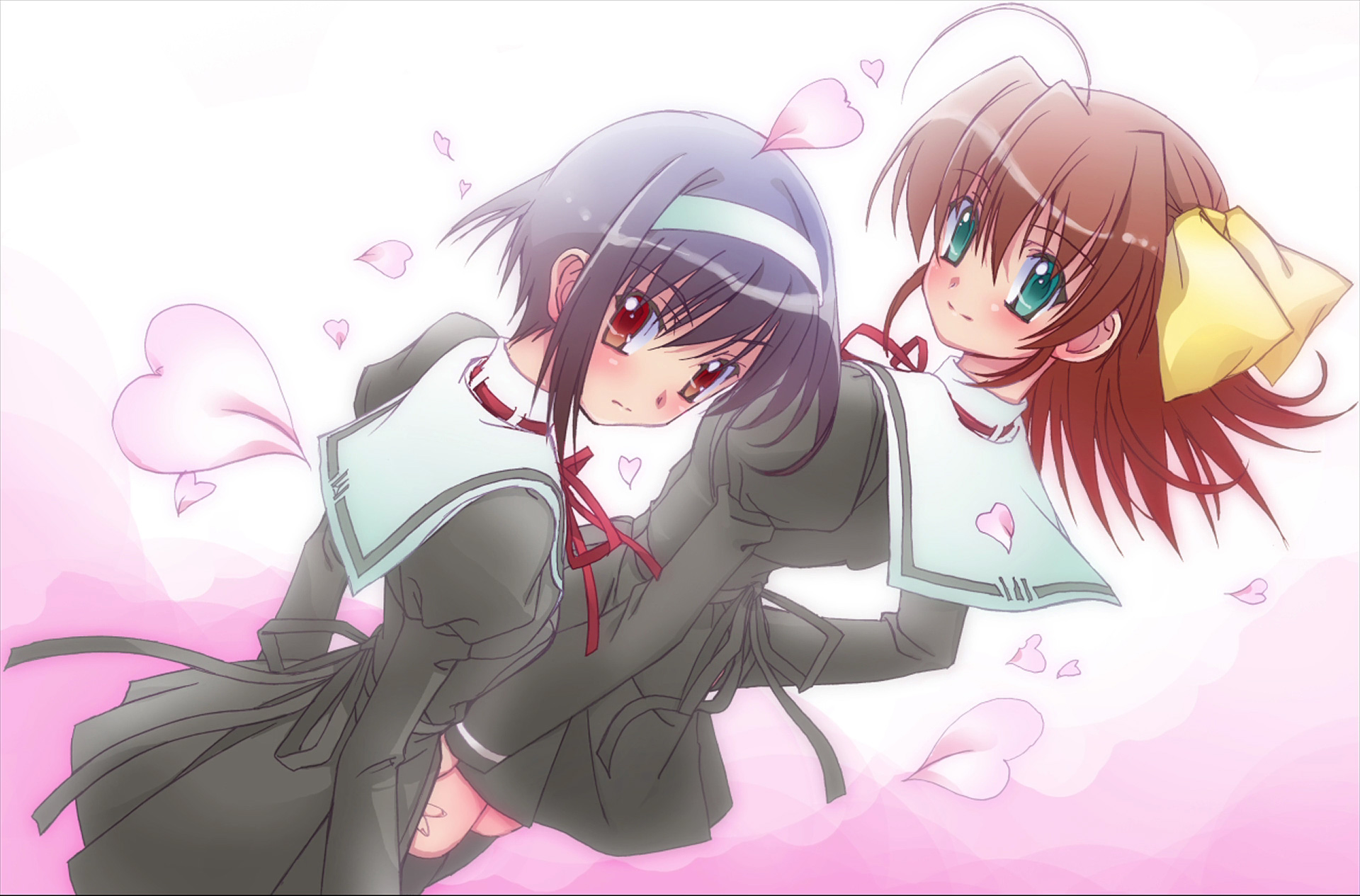 miyamura miyako, shindou kei (ef), ef (visual novel), highres, tagme, 00s, petals, school uniform