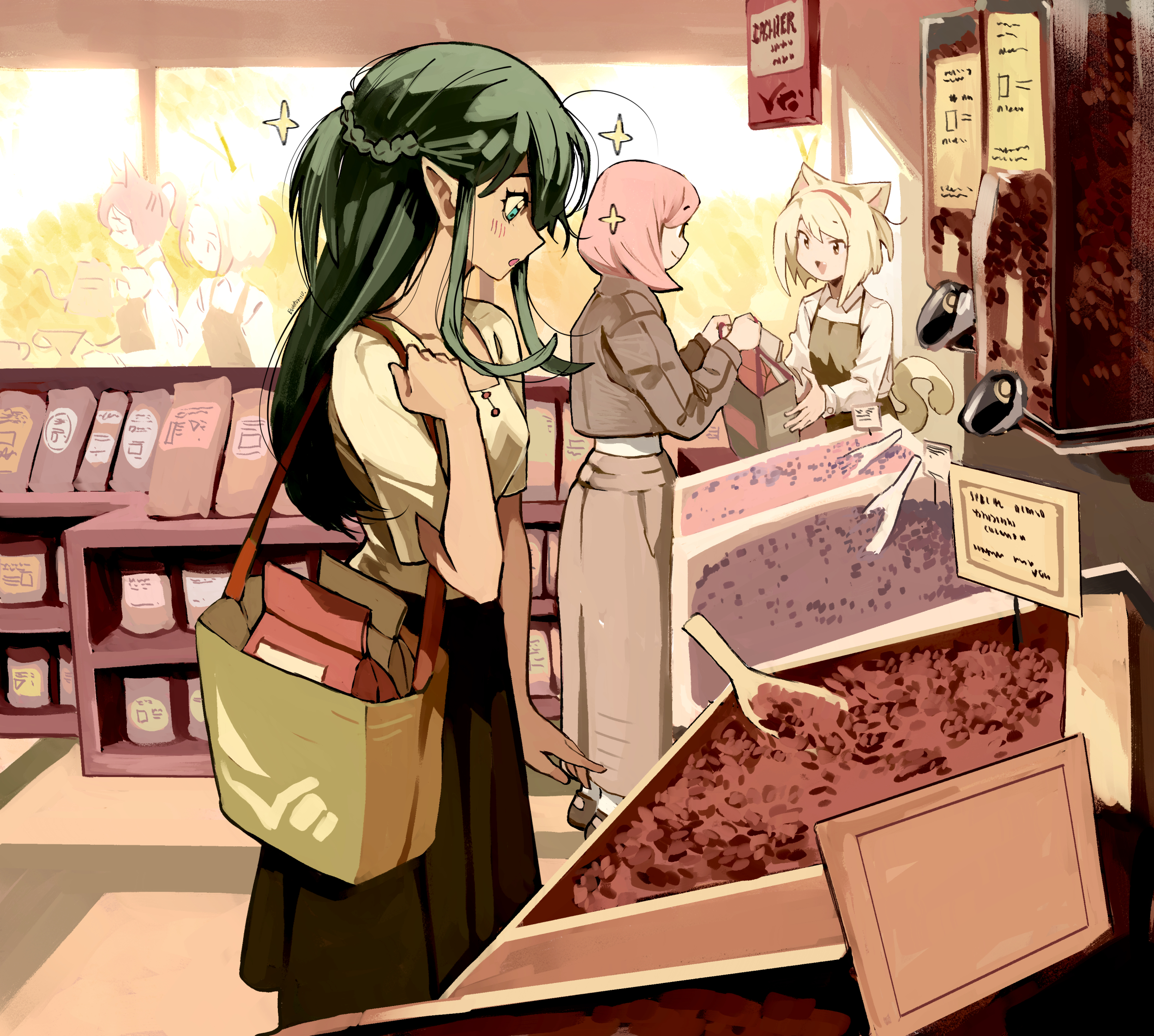 eudetenis, original, clip studio paint (medium), commentary request, highres, 5girls, animal ears, apron, artist name, bag, black hair, black skirt, blonde hair, blue eyes, braid, brown apron, brown jacket, cat ears, cat girl, cat tail, coffee beans, dark skin, half up half down braid, indoors, jacket, long hair, long skirt, long sleeves, looking at food, multiple girls, open mouth, pink hair, pointy ears, shirt, shop, shopping, short hair, short sleeves, shoulder bag, sign, skirt, slice of life, sparkle, standing, tail, warm colored, white shirt, yellow shirt