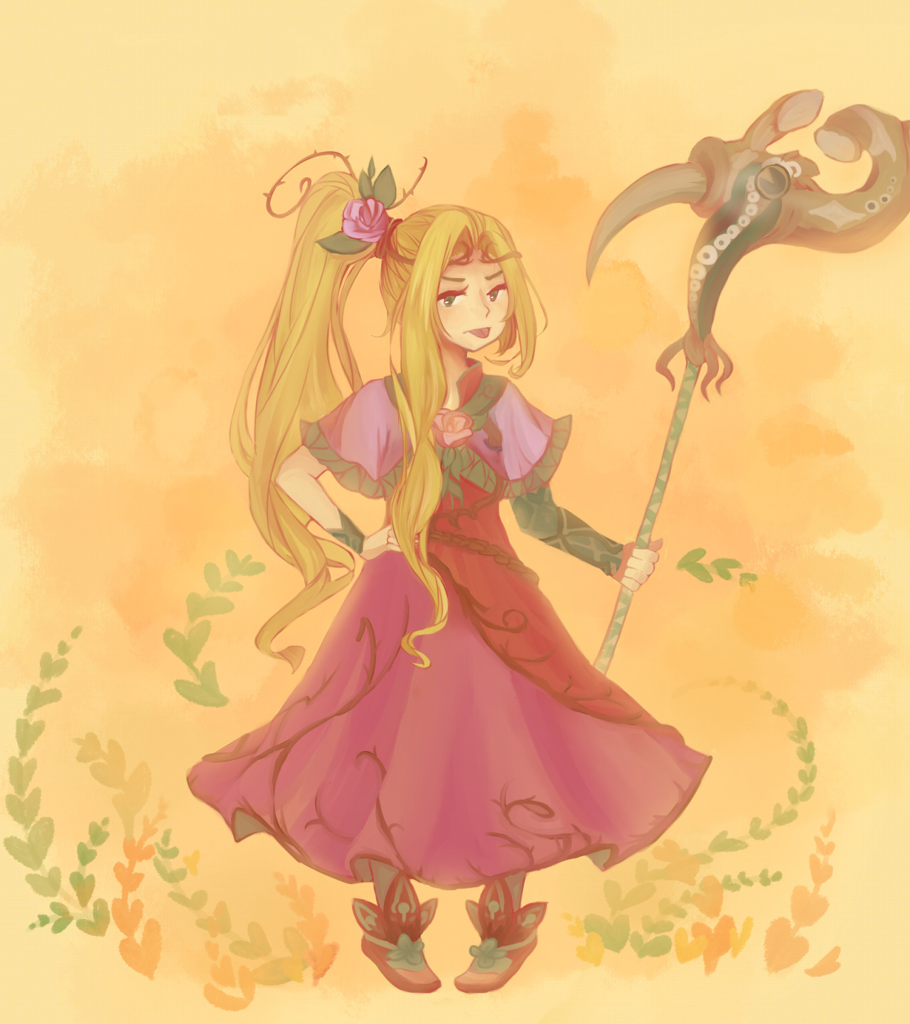 vidiri (1249228), viridi, kid icarus, kid icarus uprising, nintendo, highres, 1girl, blonde hair, dress, flower, full body, hair flower, hair ornament, hand on own hip, holding, holding staff, looking at viewer, pigeon-toed, solo, staff, standing, tongue, tongue out, yellow background