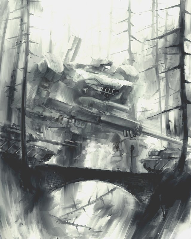 mozuo, armored core, fromsoftware, vehicle, bridge, gun, mecha, military, military vehicle, monochrome, motor vehicle, no humans, robot, tank, weapon, yellow theme