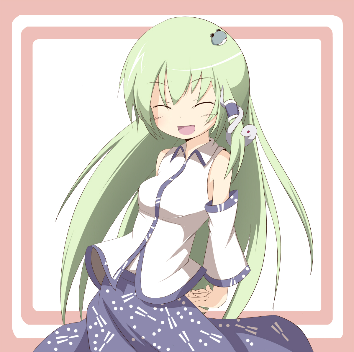 miko machi, kochiya sanae, touhou, 1girl, blush, closed eyes, detached sleeves, female focus, frog hair ornament, green hair, hair ornament, hair tubes, long hair, open mouth, smile, snake, solo