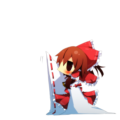 pasutel, hakurei reimu, touhou, bad id, bad pixiv id, lowres, 1girl, blush, bow, brown hair, chibi, female focus, hair bow, jitome, long sleeves, outstretched arm, profile, reaching, simple background, sleeves past wrists, solo, wide sleeves
