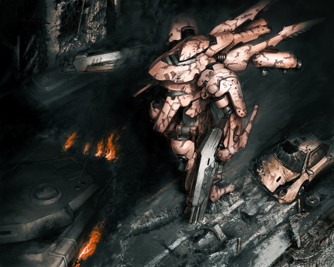 mozuo, armored core, fromsoftware, broken, car, dual wielding, fire, gun, holding, mecha, military, military vehicle, motor vehicle, road, robot, ruins, tank, weapon