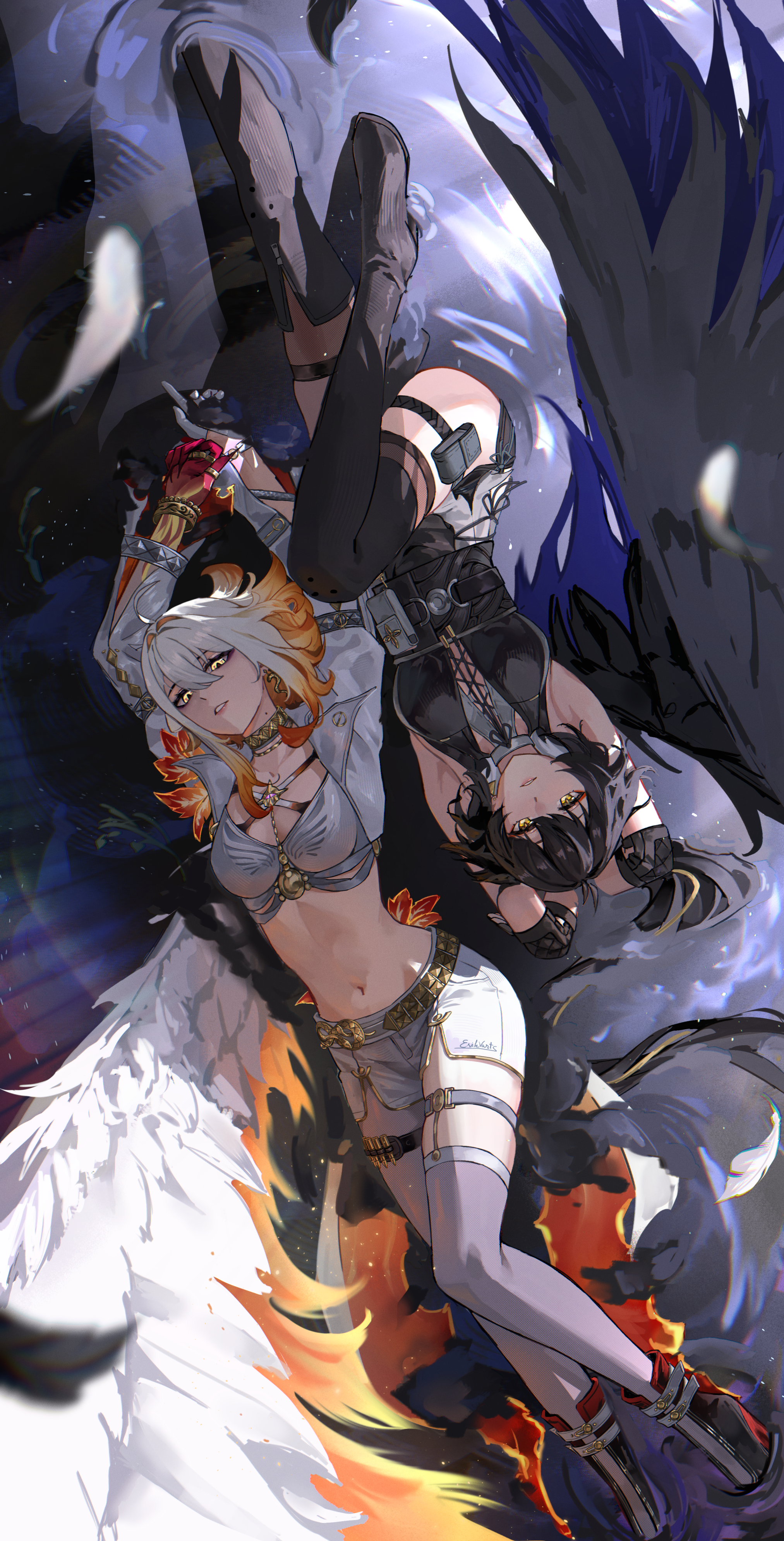 erikvarts, female rover (wuthering waves), galbrena (wuthering waves), rover (wuthering waves), wuthering waves, absurdres, commentary, english commentary, highres, 2girls, arms up, black boots, black dress, black hair, black thighhighs, black wings, boots, bra, breasts, dress, earrings, elbow pads, gold choker, hair between eyes, jewelry, large breasts, looking at viewer, multiple girls, navel, official alternate color, pantyhose, parted lips, pouch, shorts, single leg pantyhose, single thighhigh, single wing, sleeveless, sleeveless dress, stomach, thigh boots, thigh pouch, thigh strap, thighhighs, thighhighs under boots, thighs, underwear, white bra, white pantyhose, white shorts, white thighhighs, white wings, wings, yellow eyes