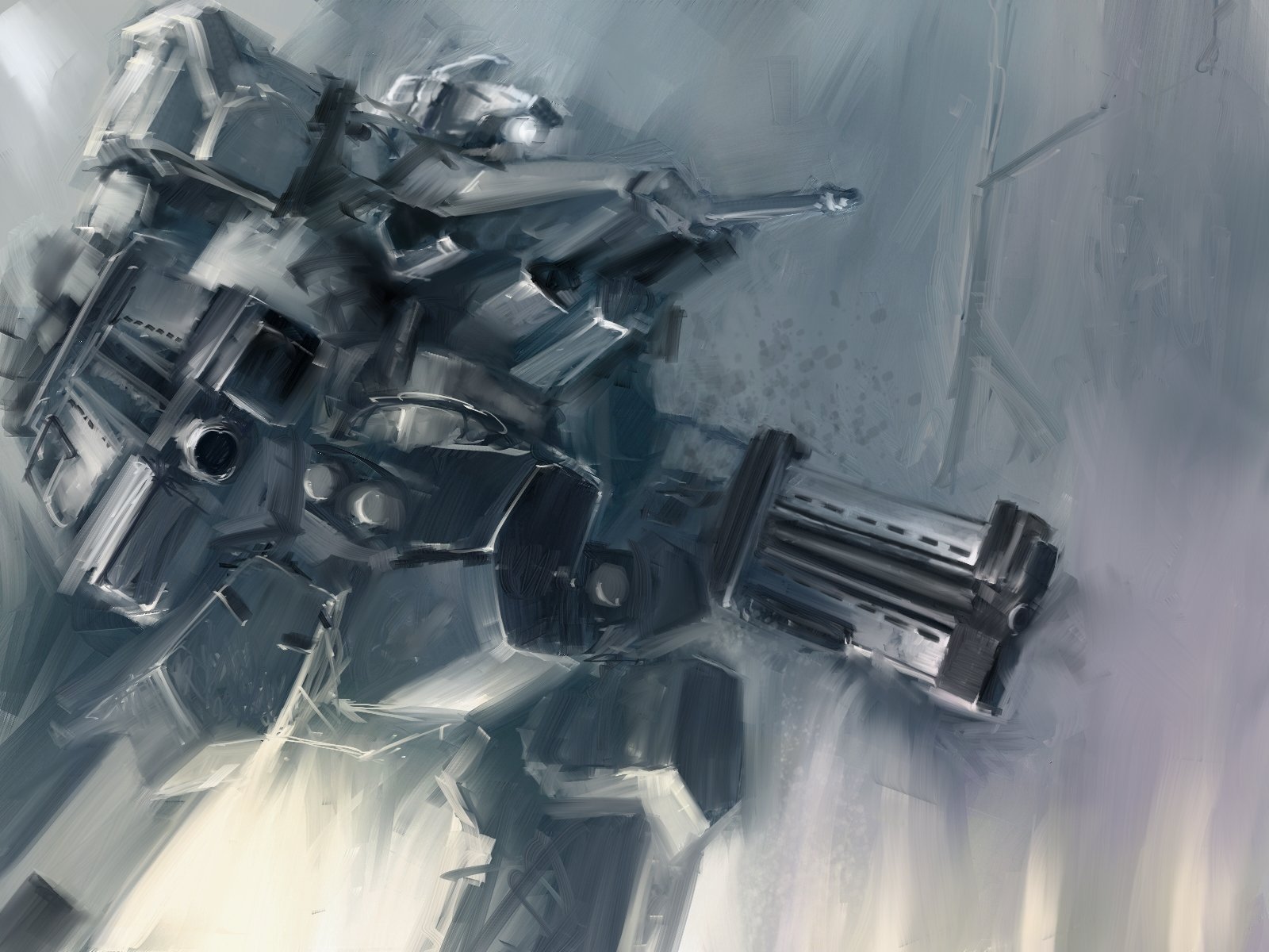mozuo, sorcerer (armored core), armored core, armored core: last raven, fromsoftware, highres, dual wielding, gun, holding, mecha, monochrome, robot, weapon