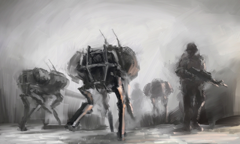 mozuo, bigdog, boston dynamics, original, real life, 1boy, creepy, gun, mecha, non-humanoid robot, robot, soldier, walker (robot), weapon