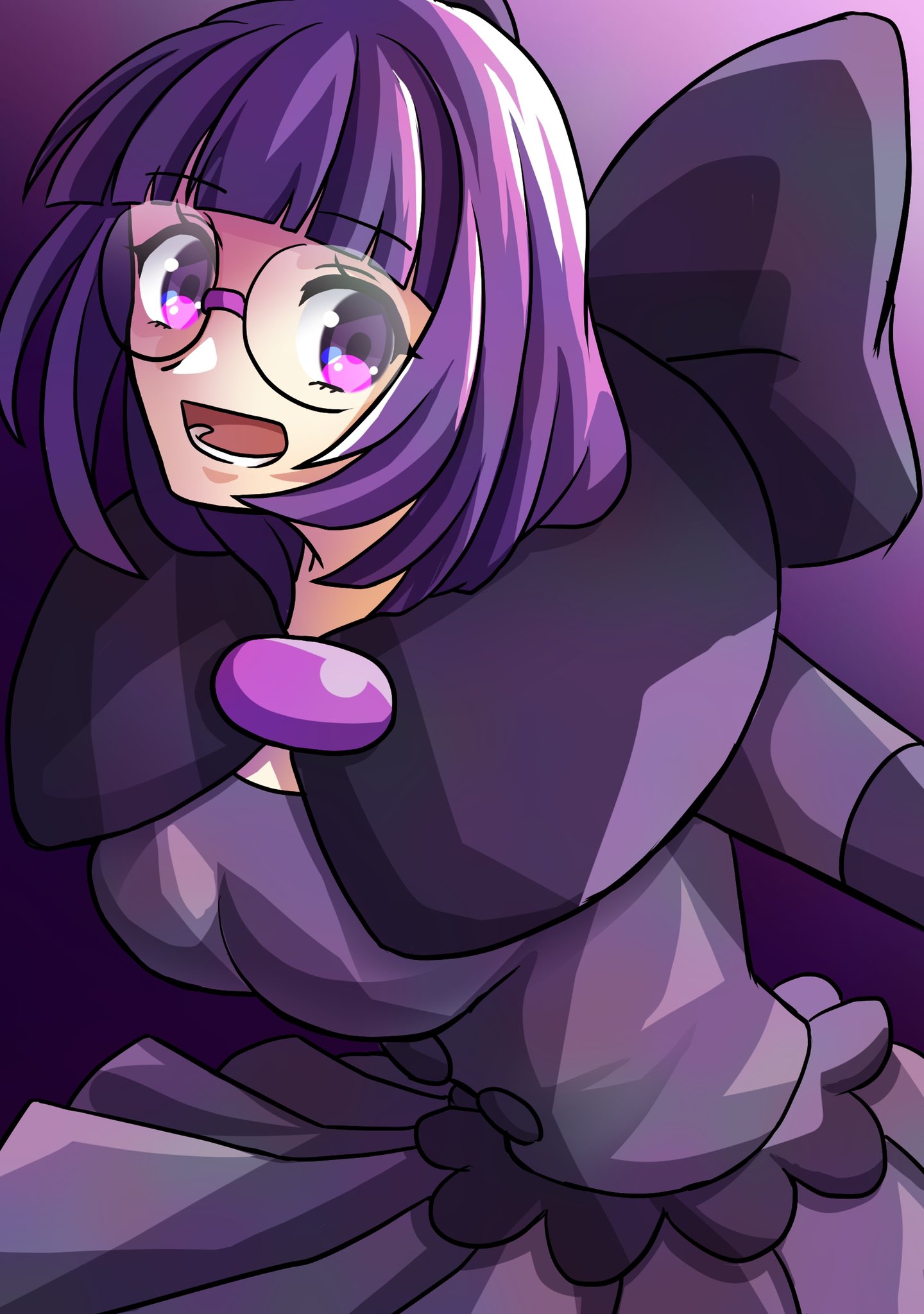 shauntal (pokemon), nintendo, pokemon, pokemon bw, highres, 1girl, blunt bangs, bob cut, bow, breasts, cleavage, elbow gloves, glasses, gloves, kyanesun happy, large bow, low-cut, neck pillow, open mouth, purple eyes, purple hair, purple skirt, rimless eyewear, round eyewear, short hair, skirt, smile