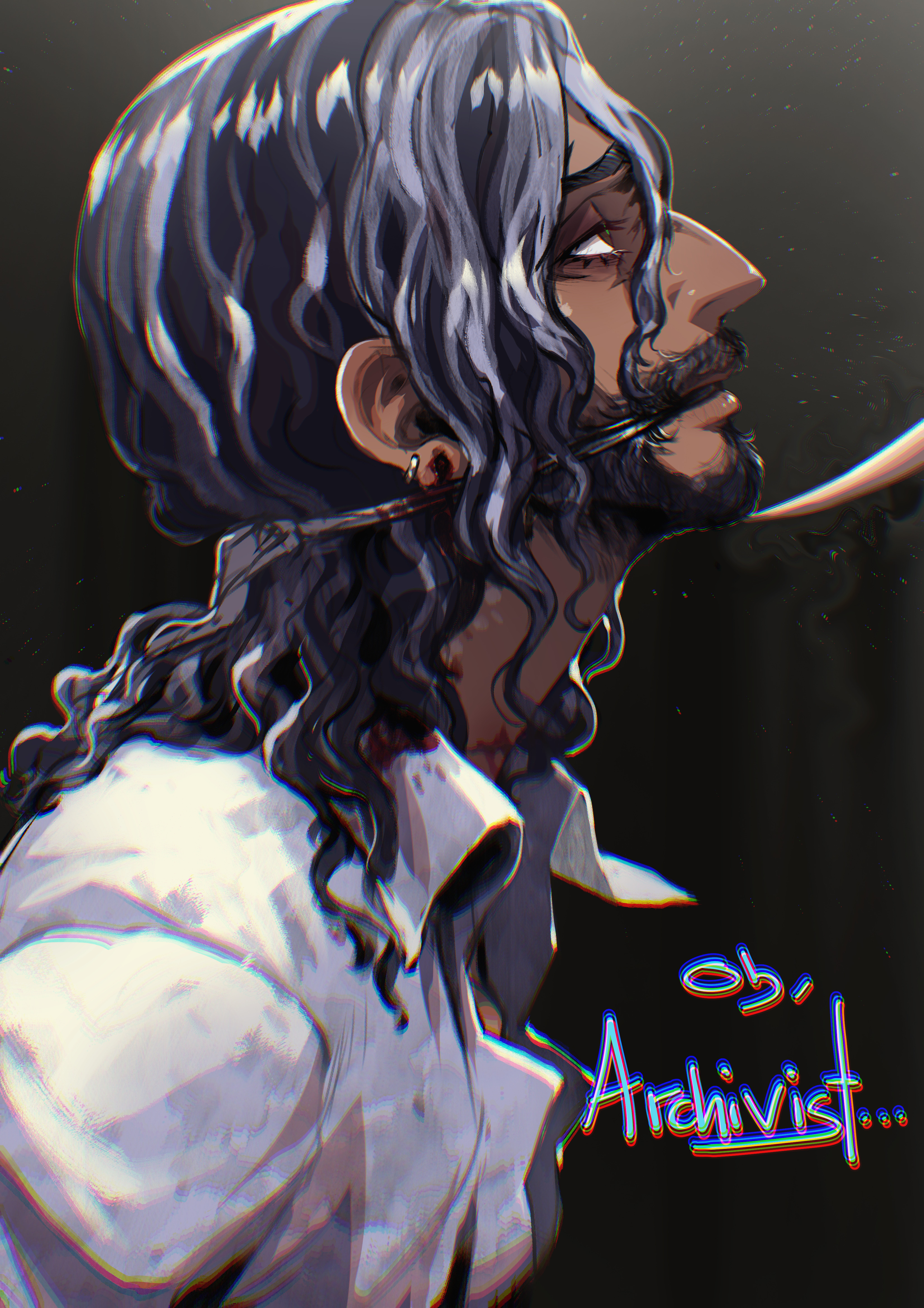 jonathan sims, the magnus archives, absurdres, highres, 1boy, aquiline nose, beard, blackberreh-art, blood, claws, collared shirt, dark-skinned male, dark skin, design speculation, earrings, eyelashes, facial hair, from side, gagged, grey hair, injury, jewelry, long hair, male focus, multicolored hair, mustache, nose, notched ear, scar, scar on neck, shirt, solo, two-tone hair, white shirt