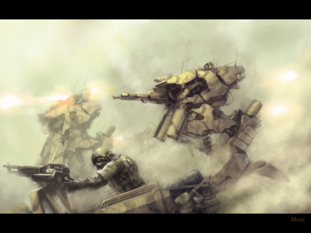 mozuo, armor, battle, fire, firing, gun, letterboxed, mecha, non-humanoid robot, robot, soldier, walker (robot), weapon