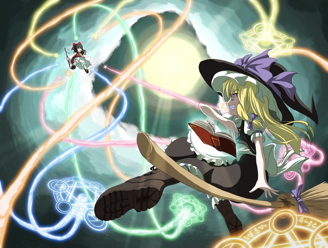 tri, hakurei reimu, kirisame marisa, touhou, 2girls, book, female focus, hat, magic, moon, multiple girls, skirt, underwear, witch, witch hat