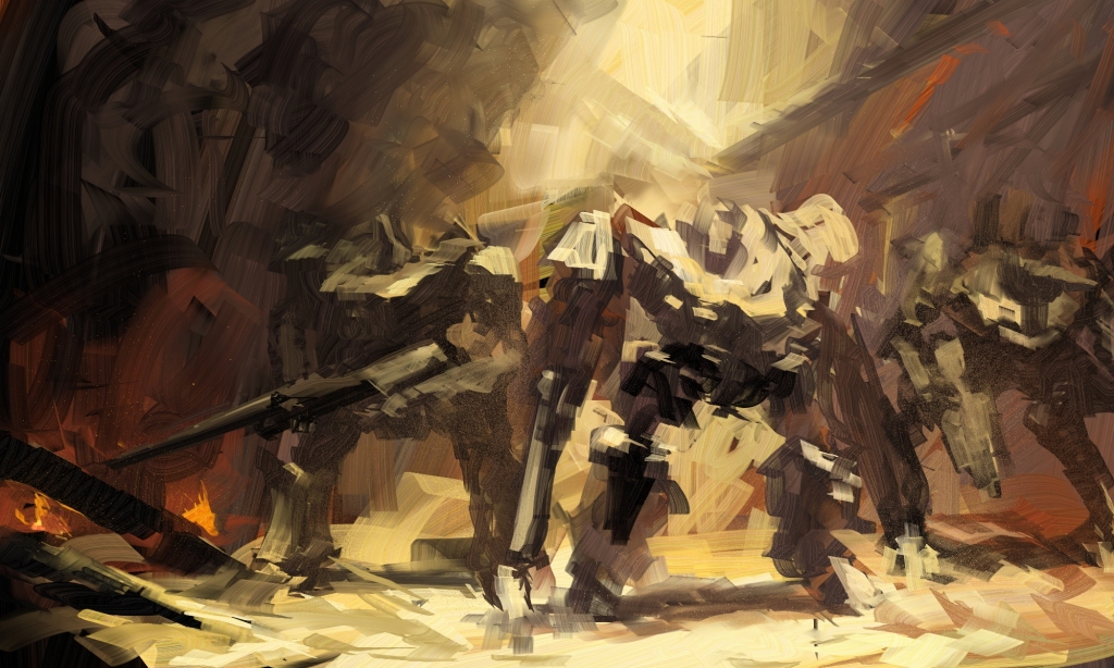 mozuo, armored core, fromsoftware, original, dual wielding, fire, gun, holding, mecha, robot, rubble, weapon