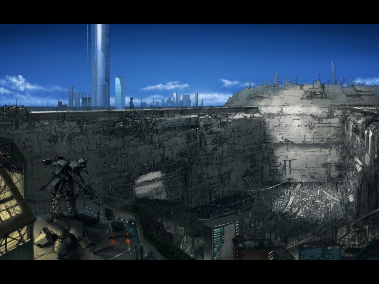 mozuo, original, wall, city, day, highway, letterboxed, mecha, no humans, road, robot, scenery, sky
