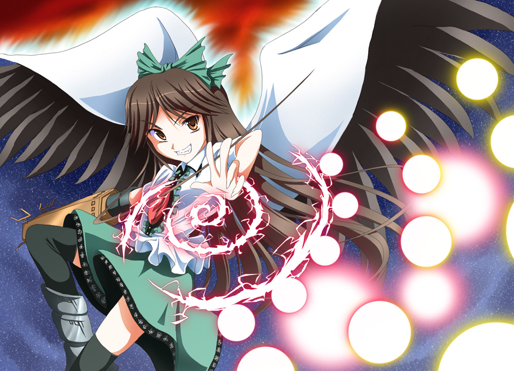tri, reiuji utsuho, touhou, 1girl, brown hair, danmaku, female focus, gradient background, magic, ribbon, skirt, smile, solo, wings